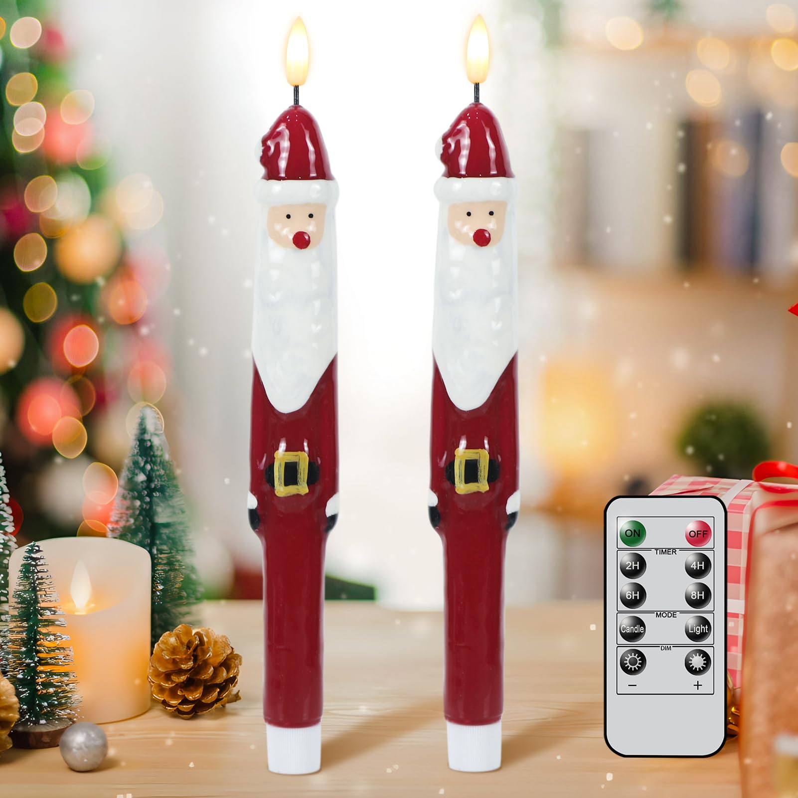 Lasumora Christmas Flameless Taper Candles with 6H Timer, 2 Pcs Hand-Painted Santa Claus Sculpture Shape LED Candlesticks with 3