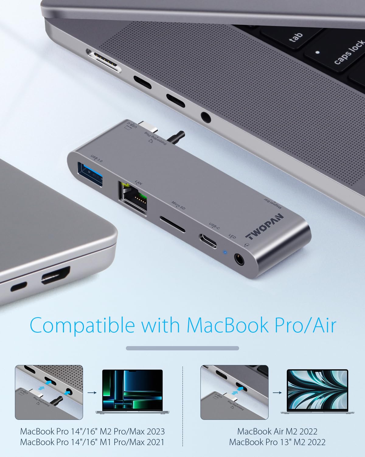 Twopan Usb C Hub For Macbook Pro M3 M2 M1, 5 In 1 Multiport Adapter, Usb C To 1000M Ethernet, Thunderbolt 3 Pd, Usb 3.0 Port, Micro Sd Card Reader, 3.5Mm Audio Jack