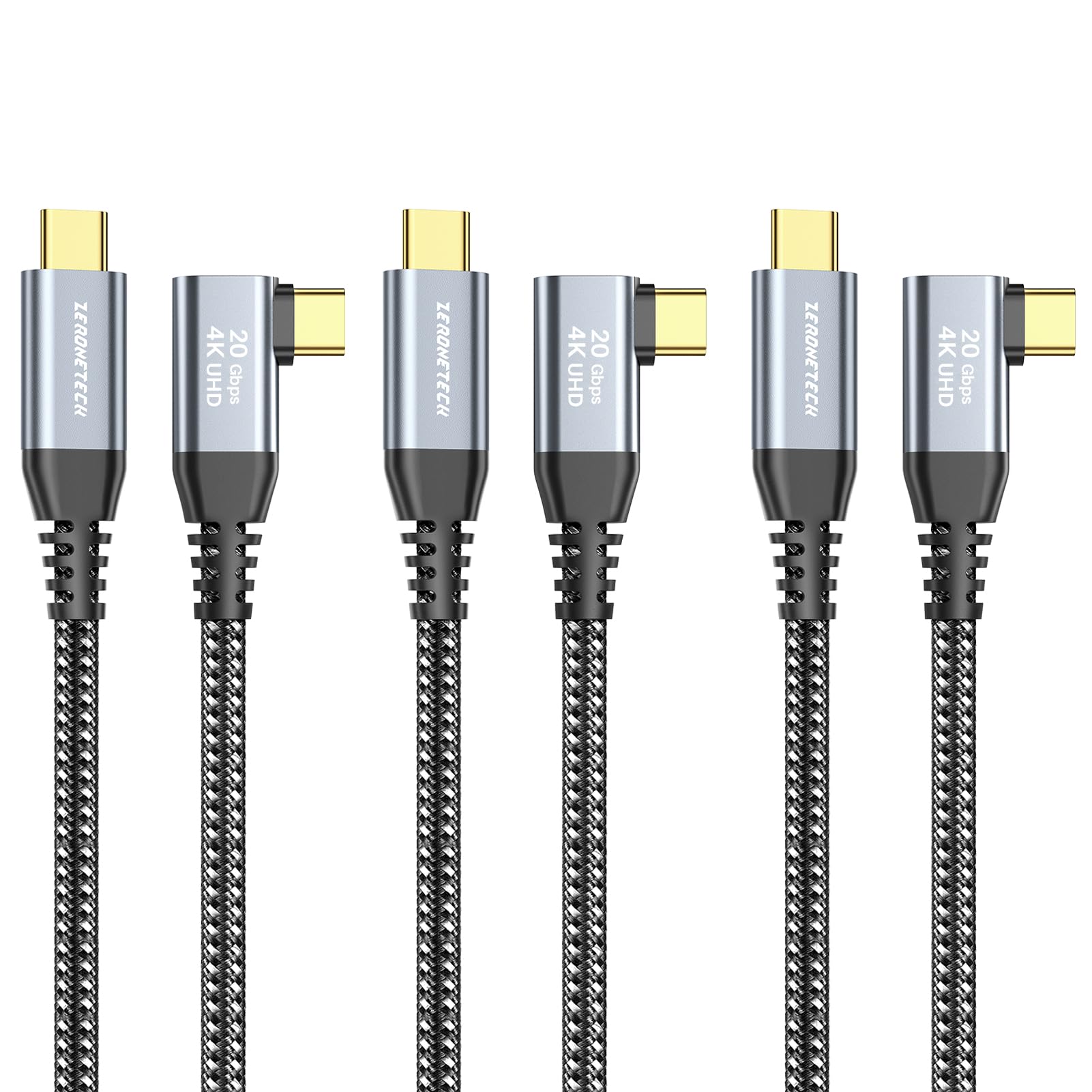 Zeroneteck Usb C To Usb C Cable (6.6Ft 3 Pack), 4K Usb C Monitor Cable Right Angle, Uhd Usb Type C Video Output, 20Gbps 100W Fas