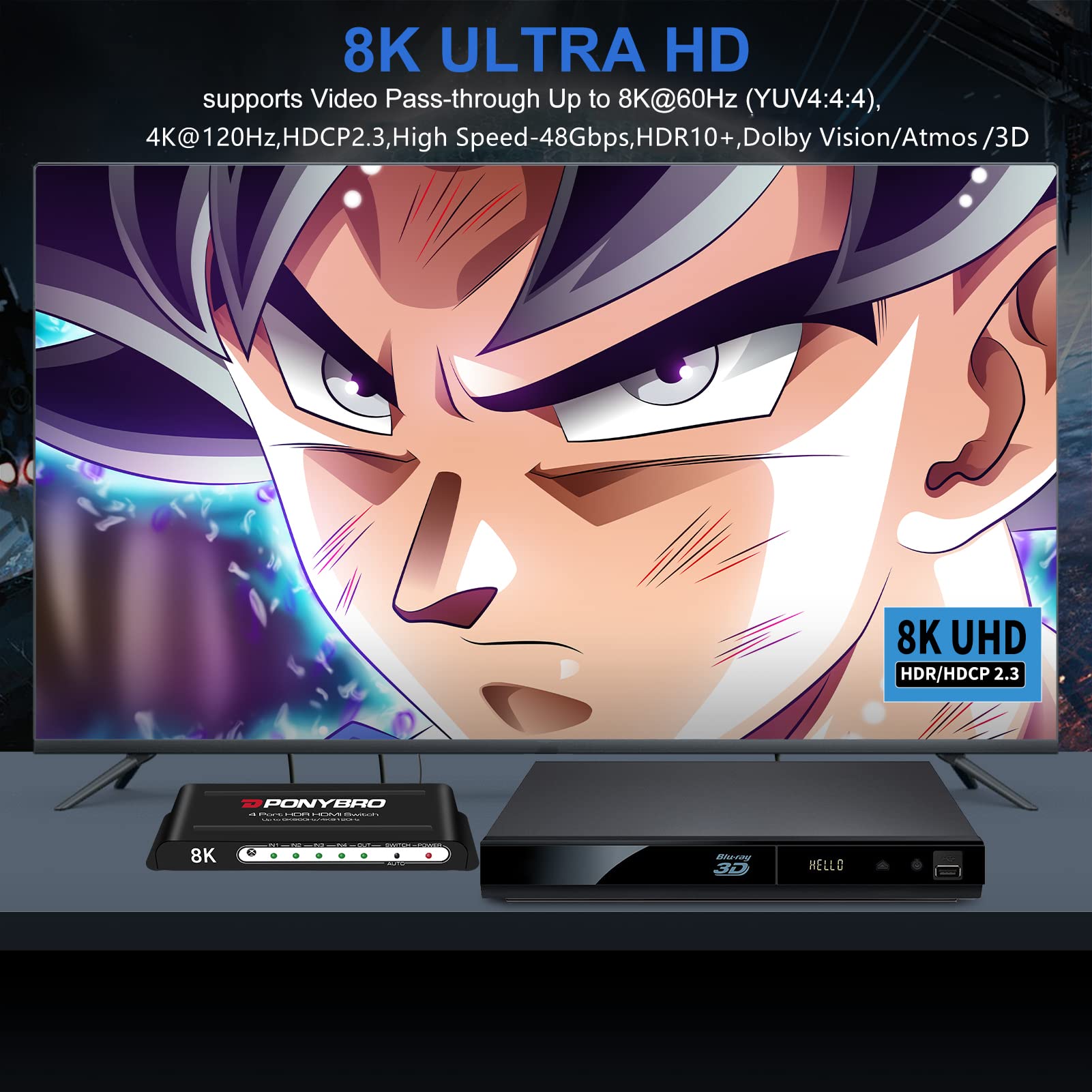 (Newest Version) Ponybro 8K Hdmi 2.1 Switch 4 In 1 With Remote, Support 8K@60Hz Or 4K@120Hz,High Speed 48Gbps,Hdr/Dolby Vision,H