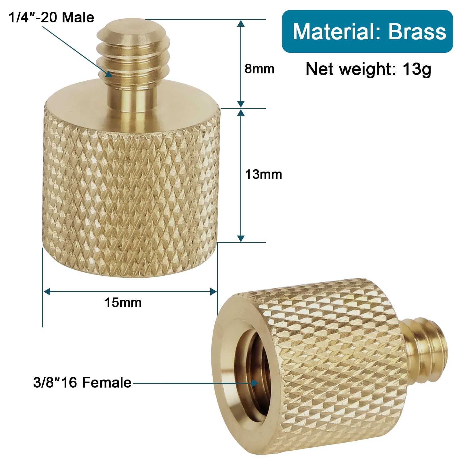 Standard 3/8-16 Female To 1/4-20 Male Tripod Thread Reducer Screw Adapter (Brass) Precision Made (2 Pack)
