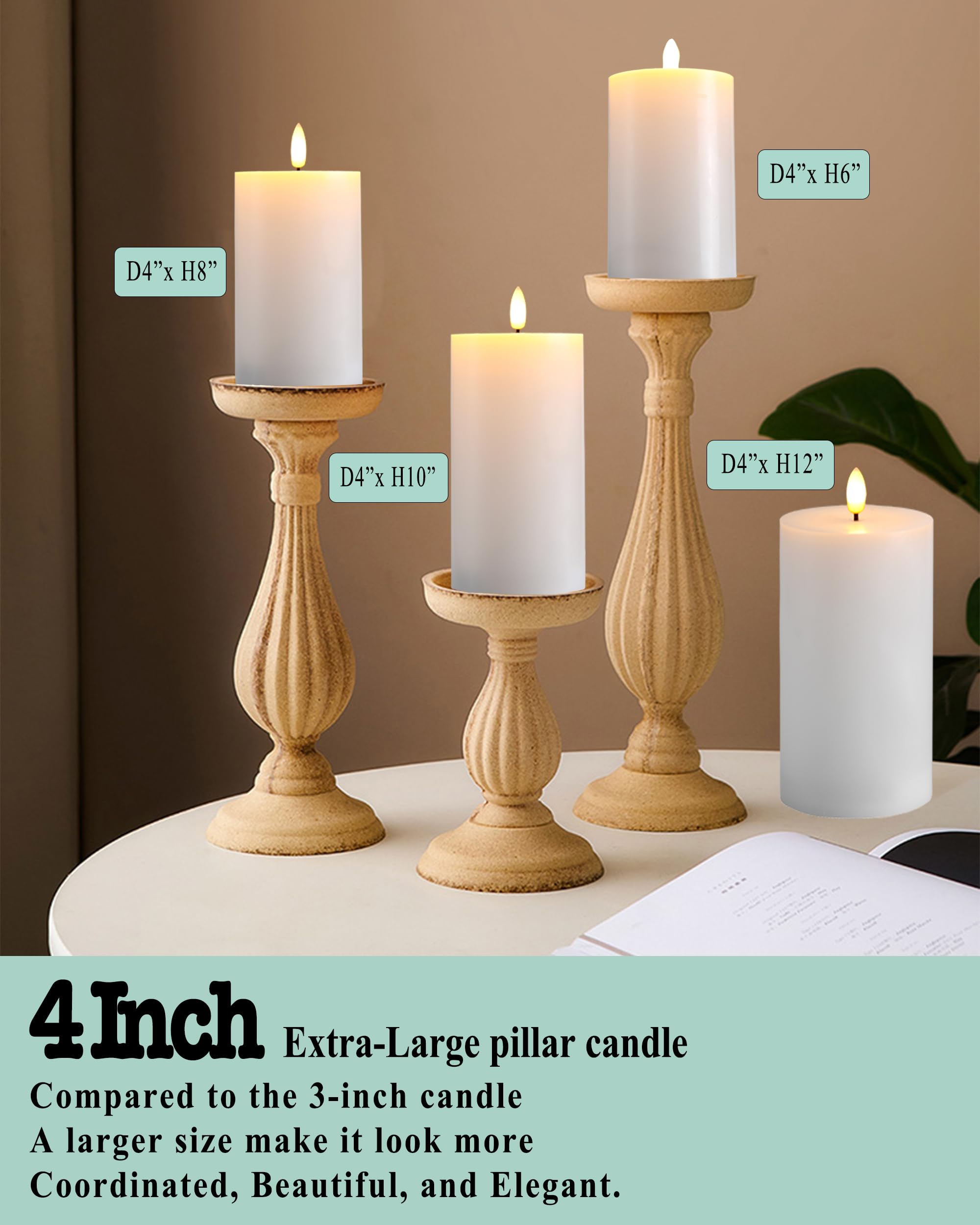 Gmnee 4''X12'' Flickering Flameless Candles With Remote Timer, 4'' Diameter Extra Large White Pillar, Wax, 1 Pack Tall Battery O