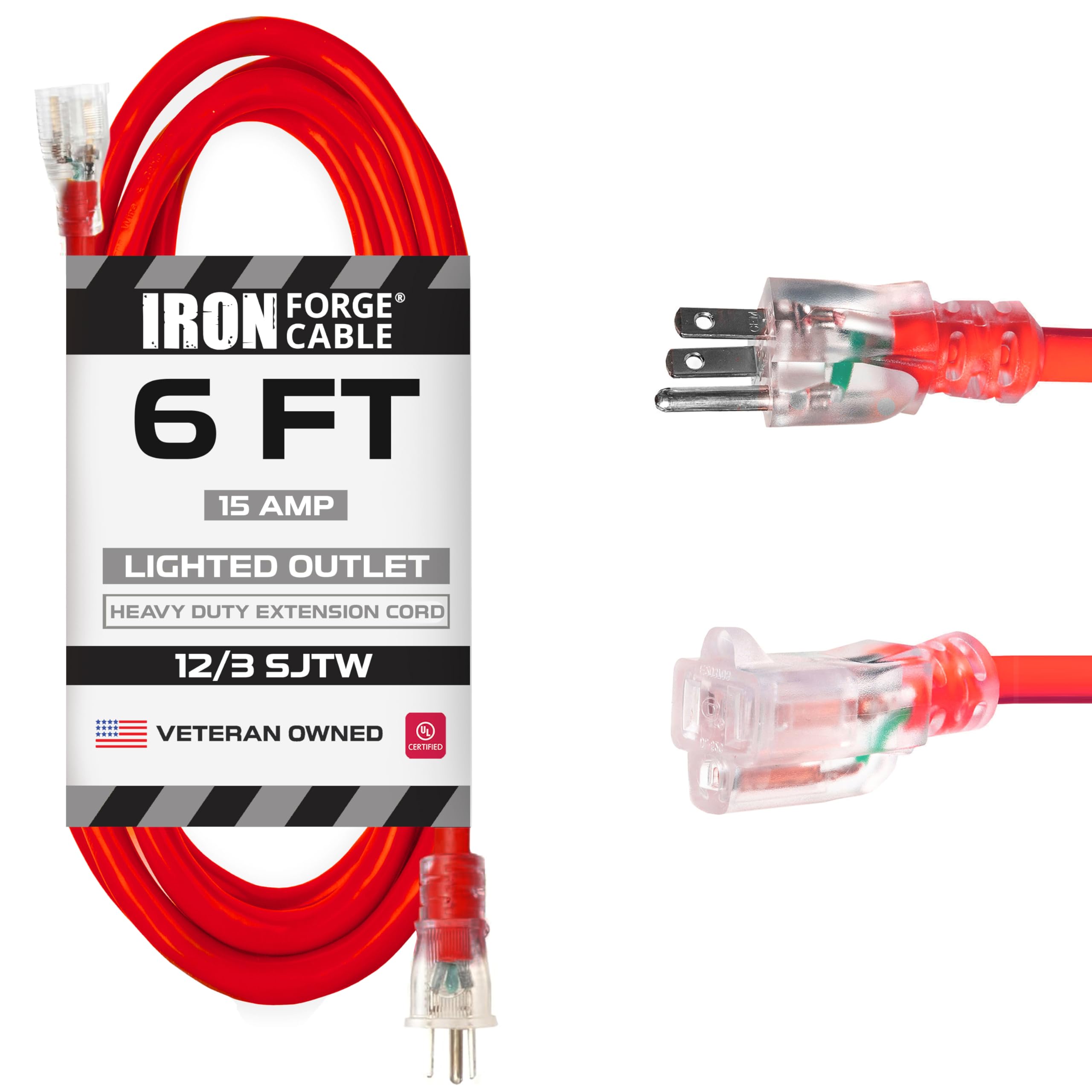 Iron Forge Cable 12 Gauge Extension Cord 6 Ft, 12/3 Sjtw 6 Foot Heavy Duty Extension Cord Outdoor 3 Prong, Weatherproof Red Elec