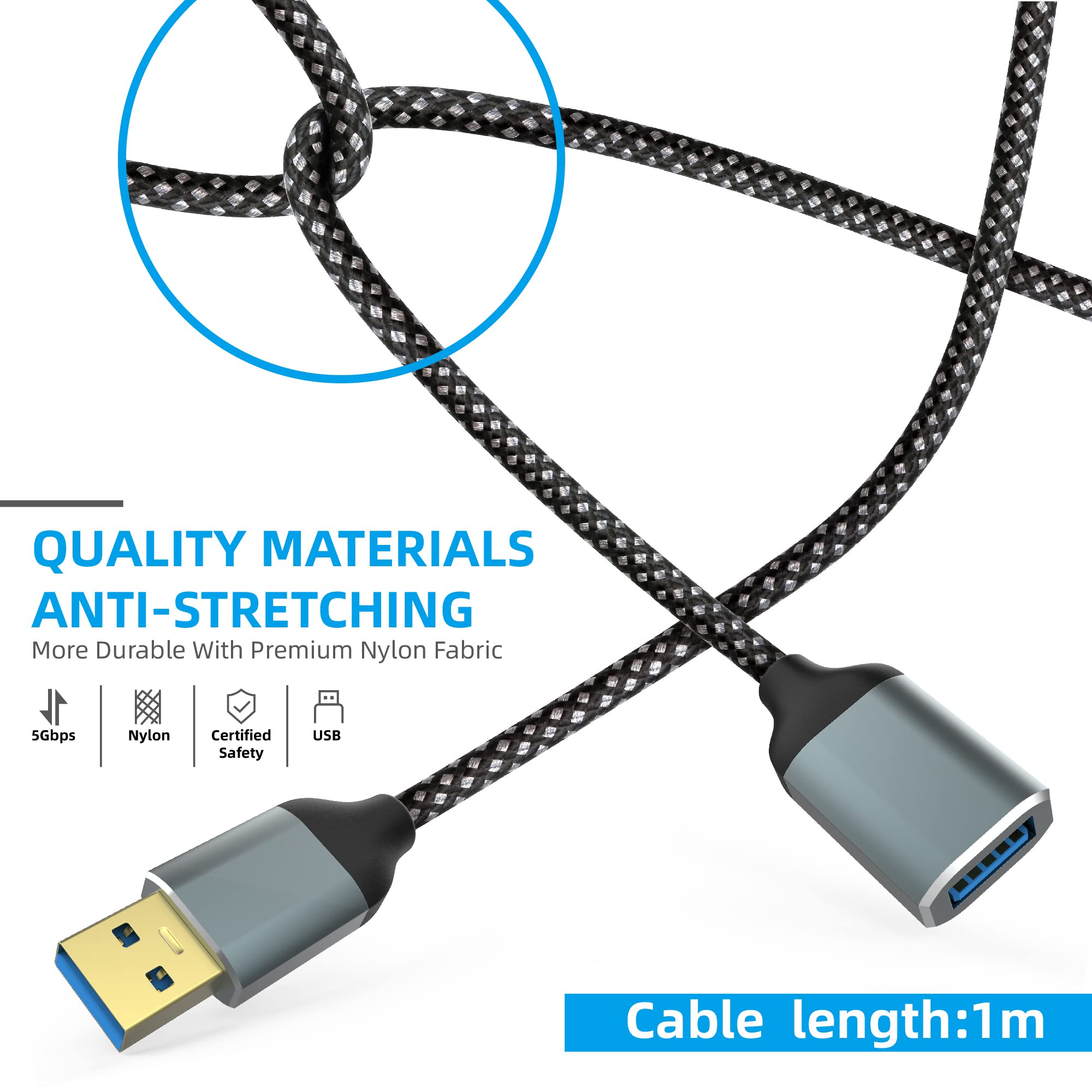 Usb 3.0 Extension Cable, 3.3Ft Type A Male To Female Durable Braided Usb A To Usb A Extender Cable High Data Transfer Compatible