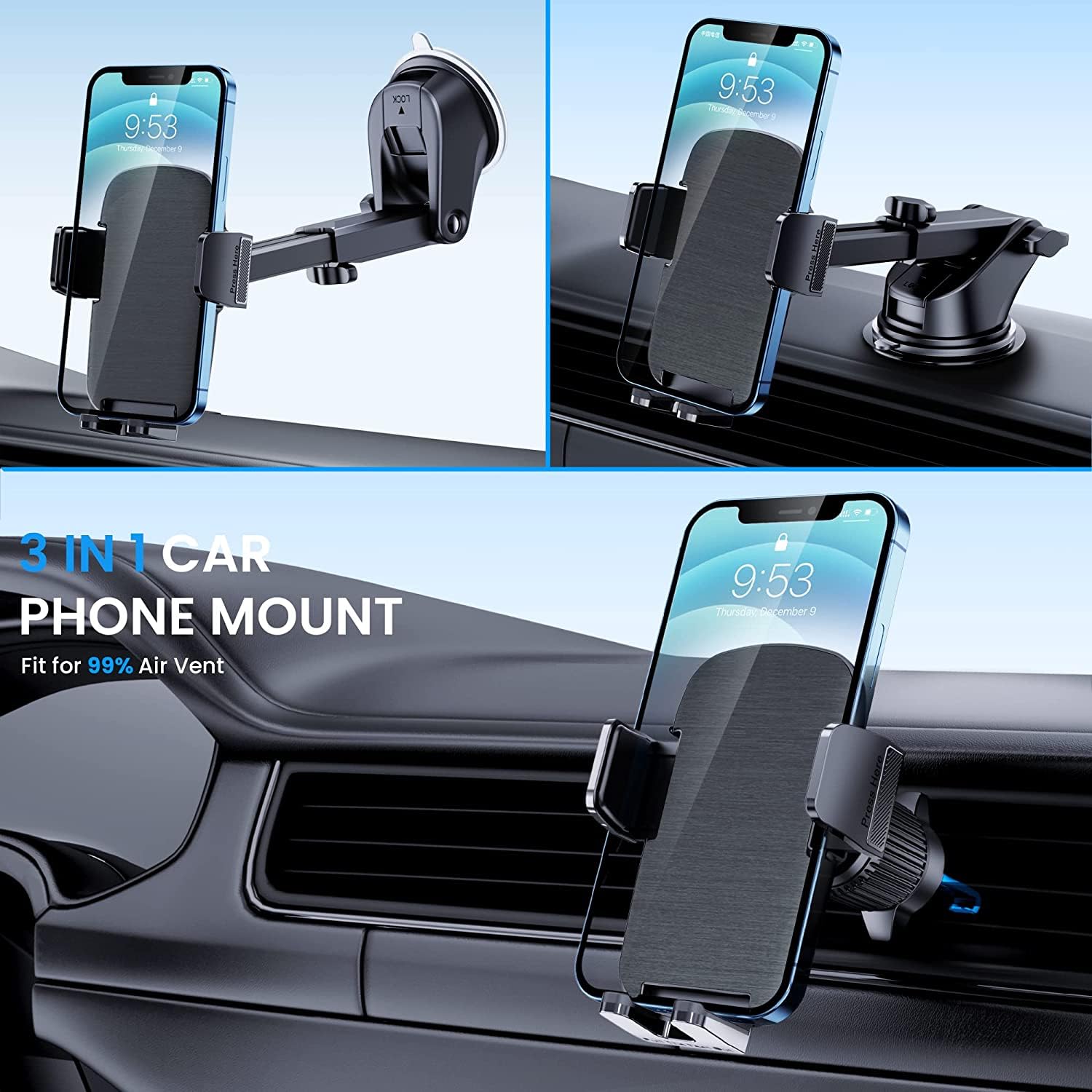Ticilfo Phone Mount For Car Phone Holder [Military-Grade Suction & Stable Clip] Car Phone Holder Mount Windshield Dashboard Air
