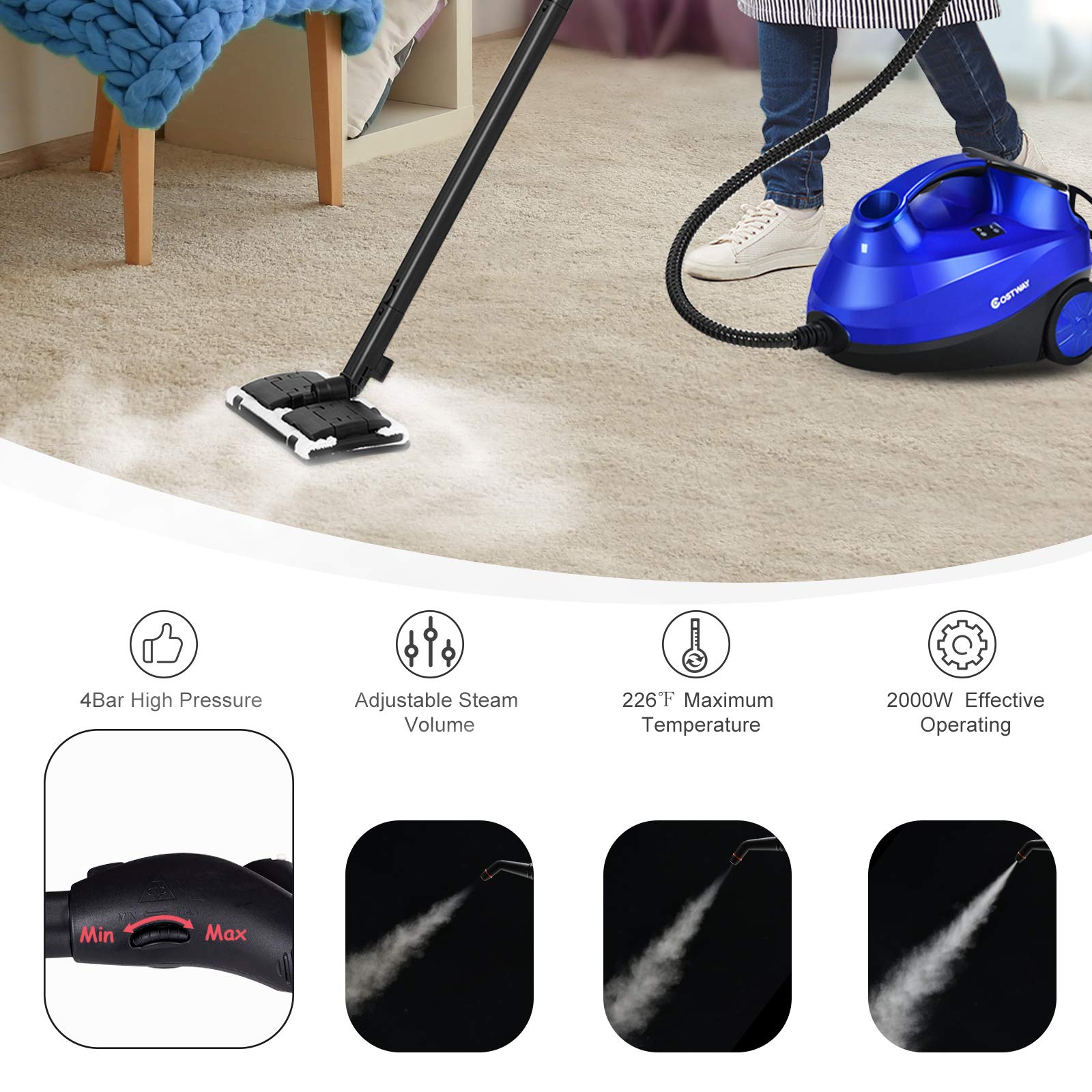 Costway 2000W Multipurpose Steam Cleaner With 19 Accessories, Household Steamer W/ 1.5L Tank For Chemical Free Cleaning, Heavy D