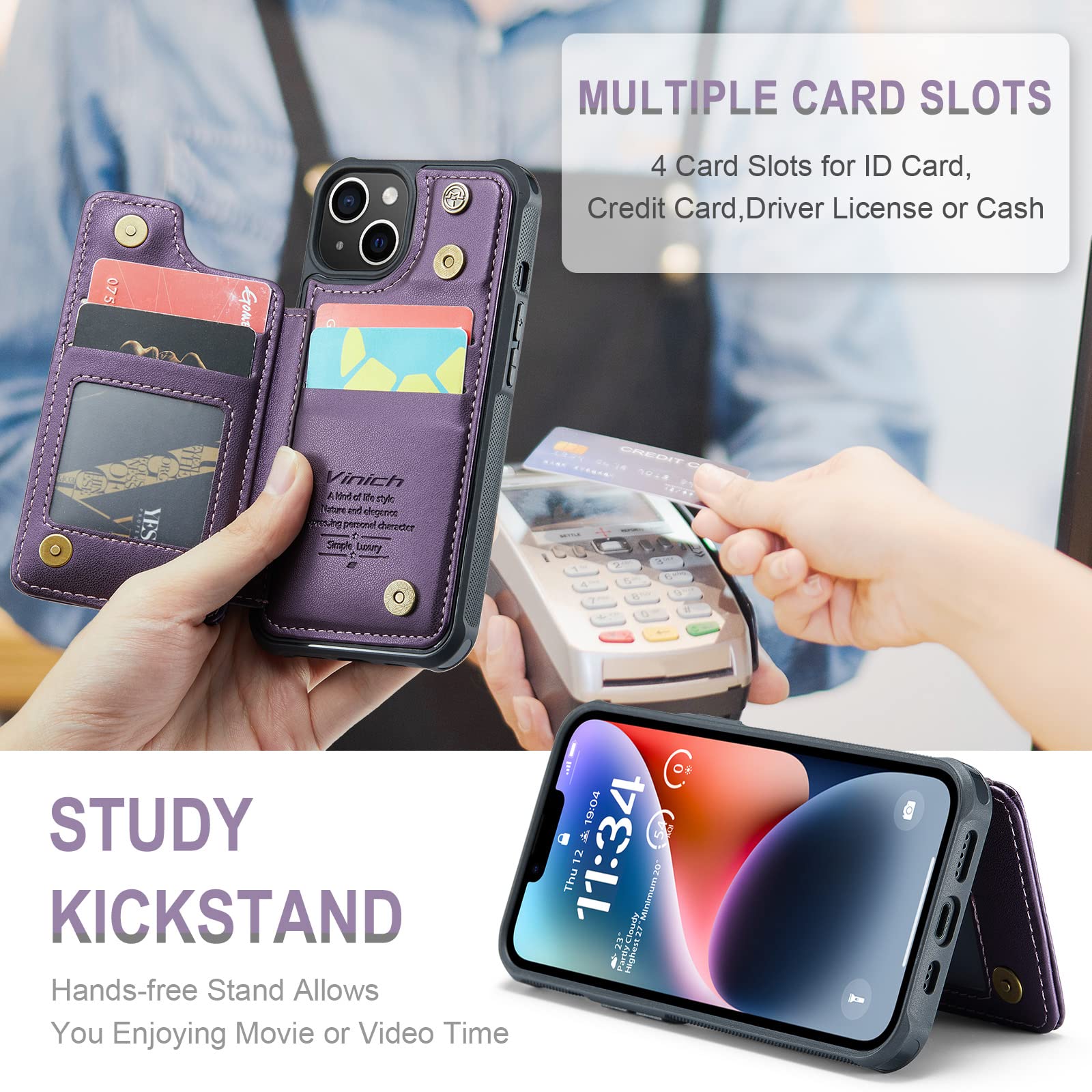 Vinich For Iphone 13 Wallet Case With Card Holder, Rfid Blocking For Iphone 13 Case For Women Men, Durable Kickstand Shockproof