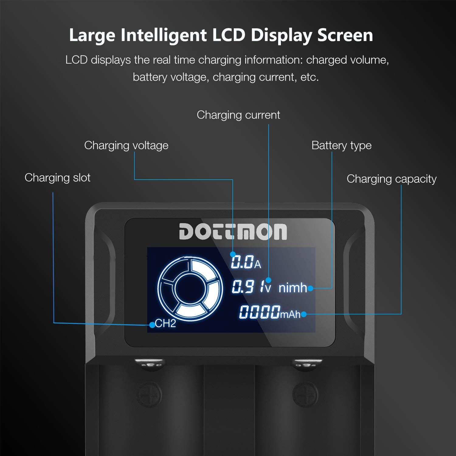 Intelligent Dottmon Lcd Display Universal Battery Charger For Rechargeable Batteries Li Ion 18650 18490 18350 17670 17500 16340(Rcr123) 14500 26650 21700, Ni Mh/Ni Cd A Aa Aaa Sc C D Batteries