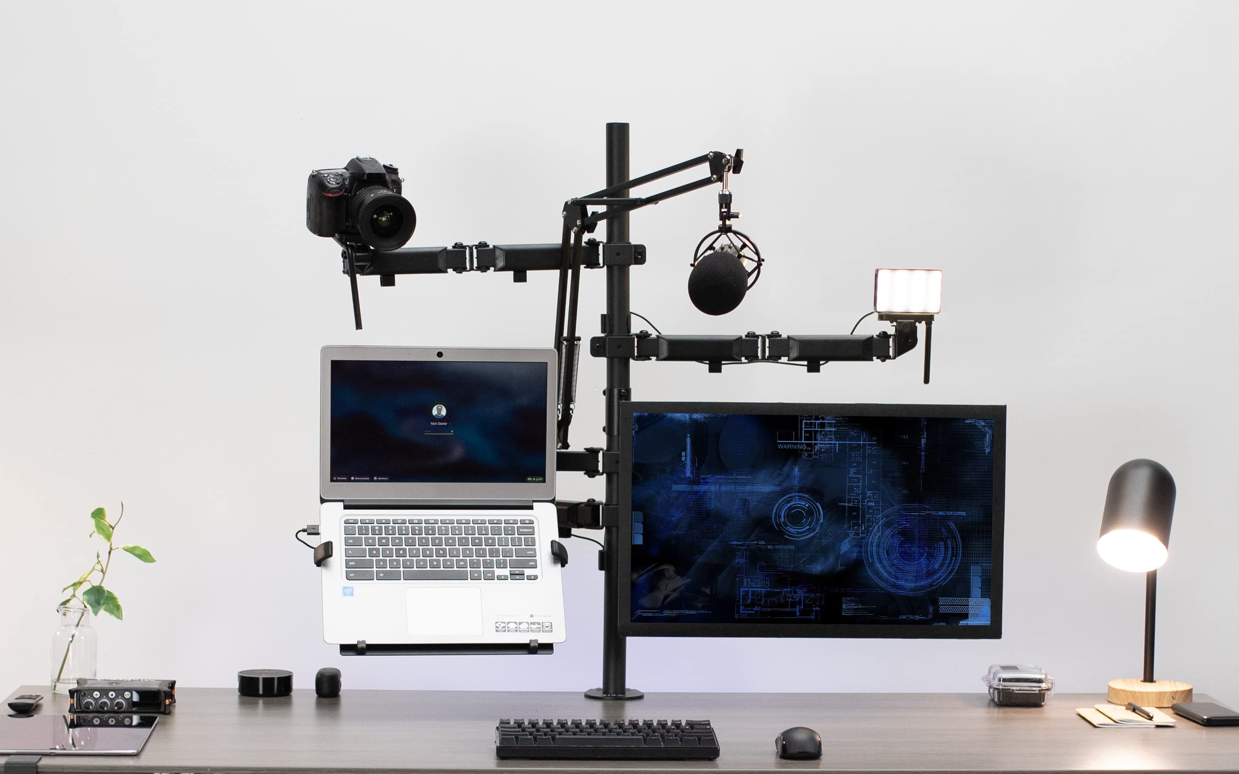 Vivo All In One Computer Studio Desk Mount, Mic Boom, Dual Monitor Mount Up To 32 Inches, Laptop Stand, Livestream Arms Compatib