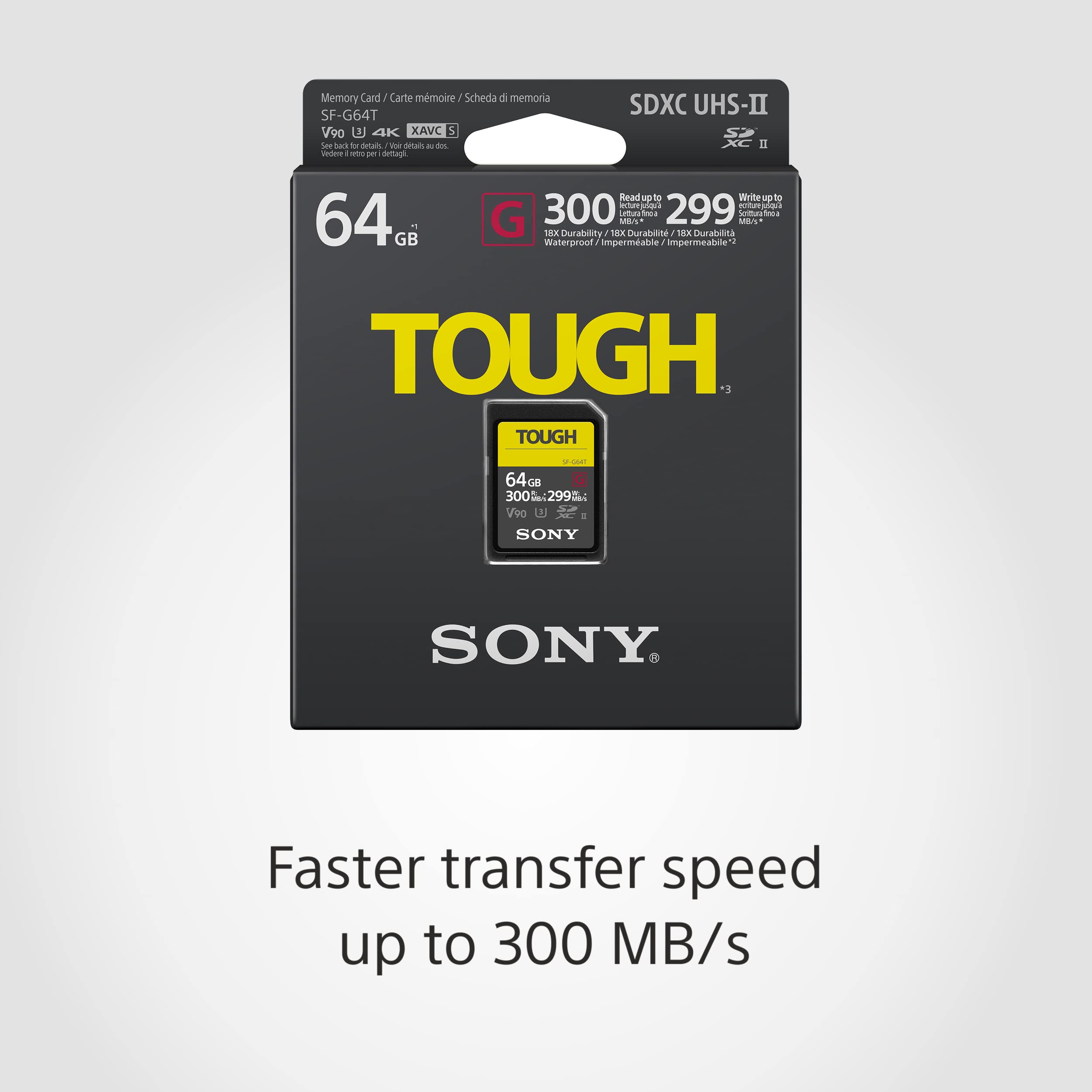 Sony TOUGH G series SDXC UHS II Card 64GB, V90, CL10, U3, Max R300MB/S, W299MB/S (SF G64T/T1), Black