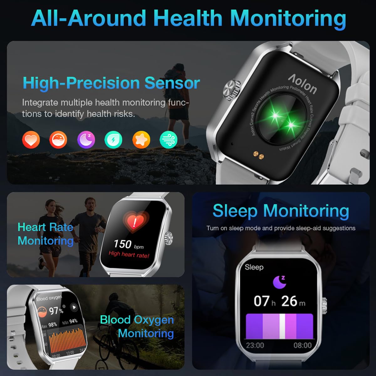 Aolon Curve Smart Watch For Men Women, 1.83 '' Hd Smartwatch With Silver Aluminium Case Silver Band (Answer/Make Call), 120+ Spo