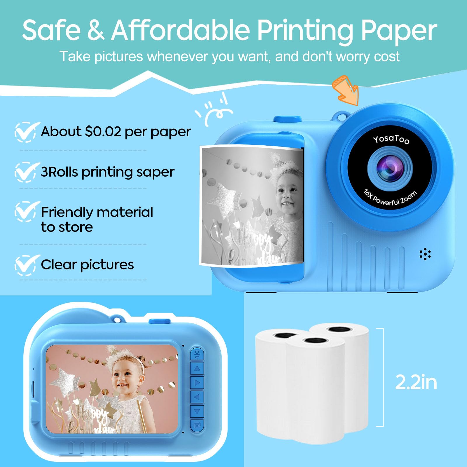 Kids Camera Instant Print 3.5 Inch, Instant Print Camera For Kids Print Photos, Toddler Kids Instant Print Digital Camera, 4 5 6