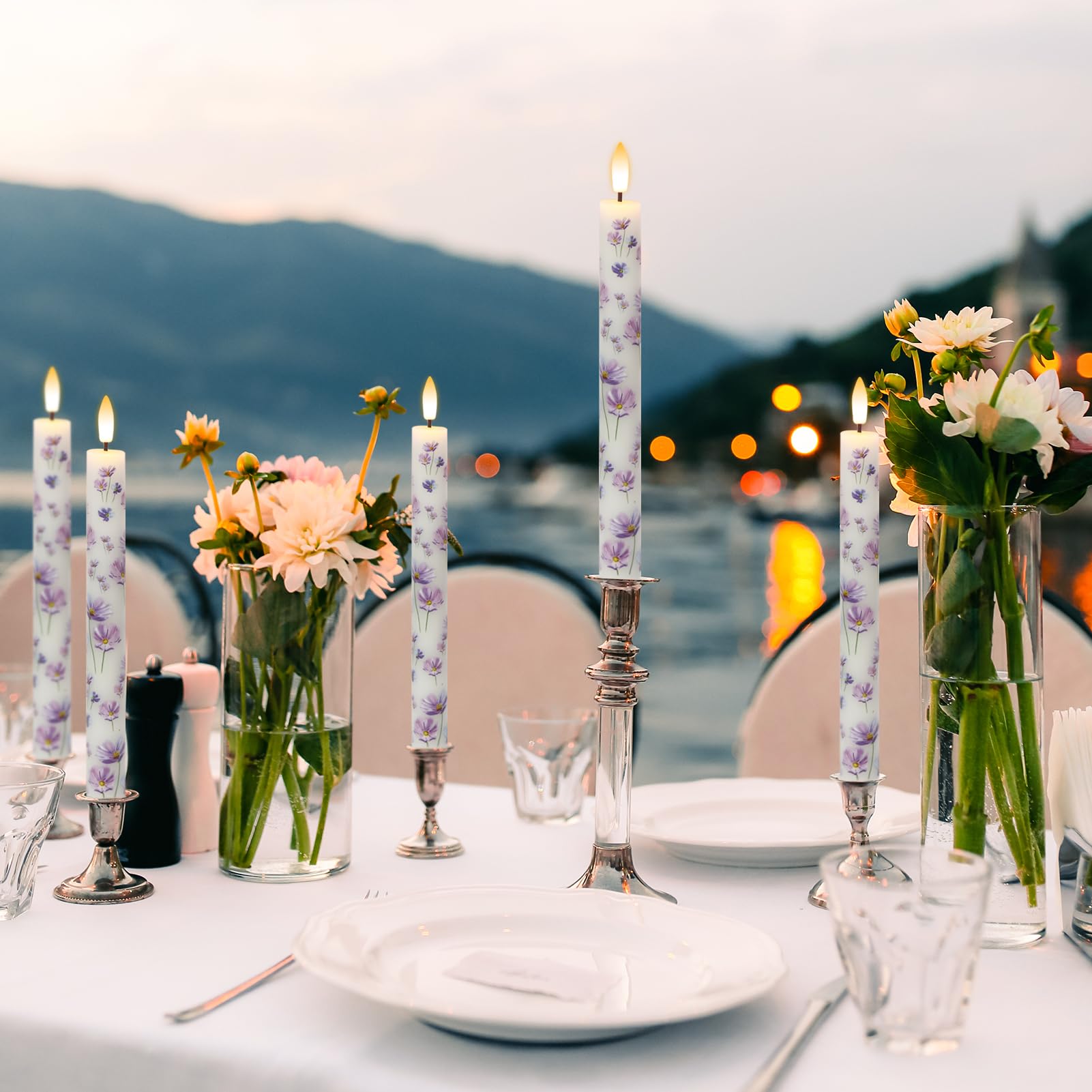 Kunswenn Flameless Taper Candles With Remote, 4 Pcs Led Taper Candles Battery Operated With Purple Flower Decals, Flameless Cand