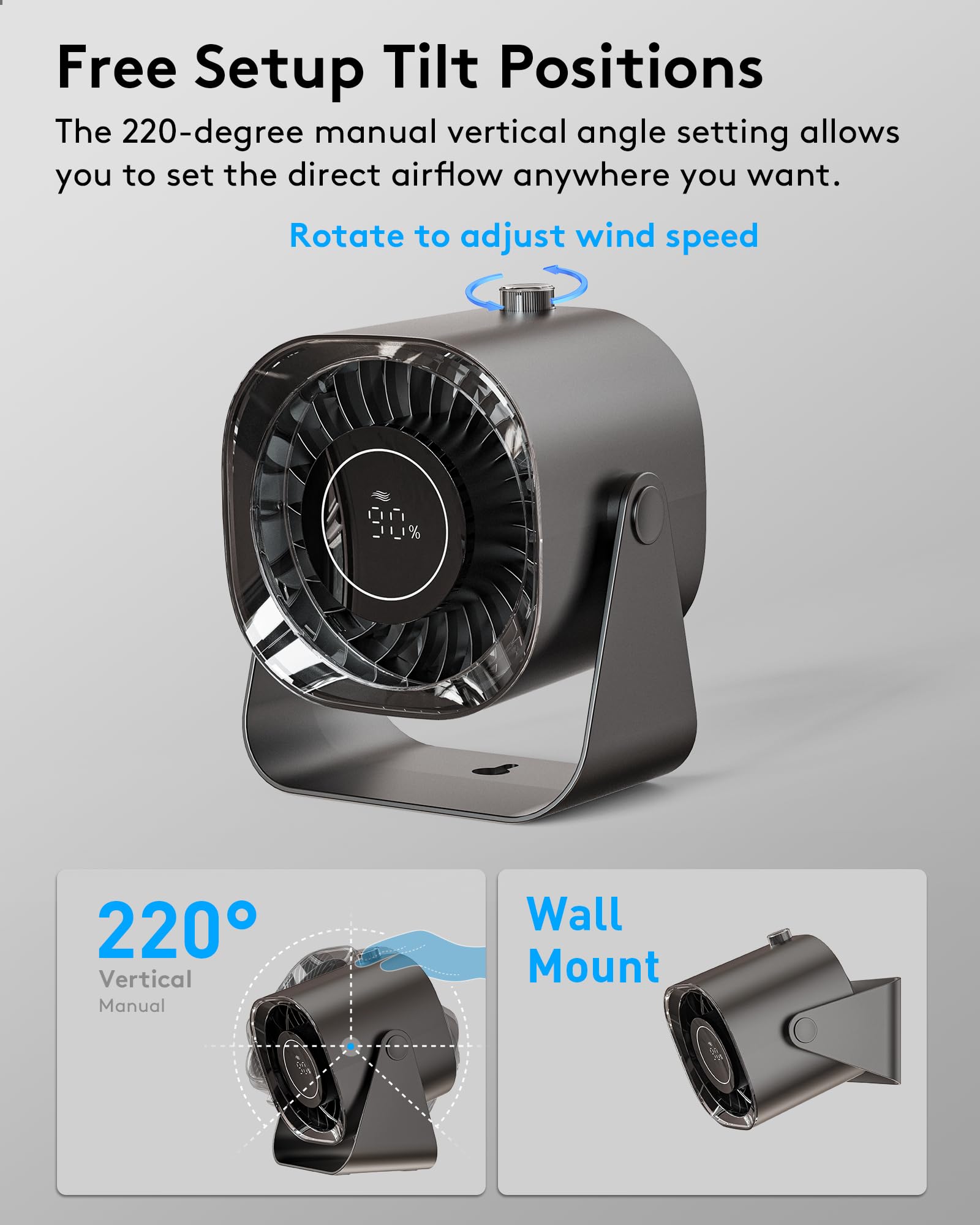 Caronsort Desk Fan,Small Table Fans For Bedroom,220 ?Djustable Tilt,Digital Display,12H Time,Desk Air Circulator Fan With 100 Sp