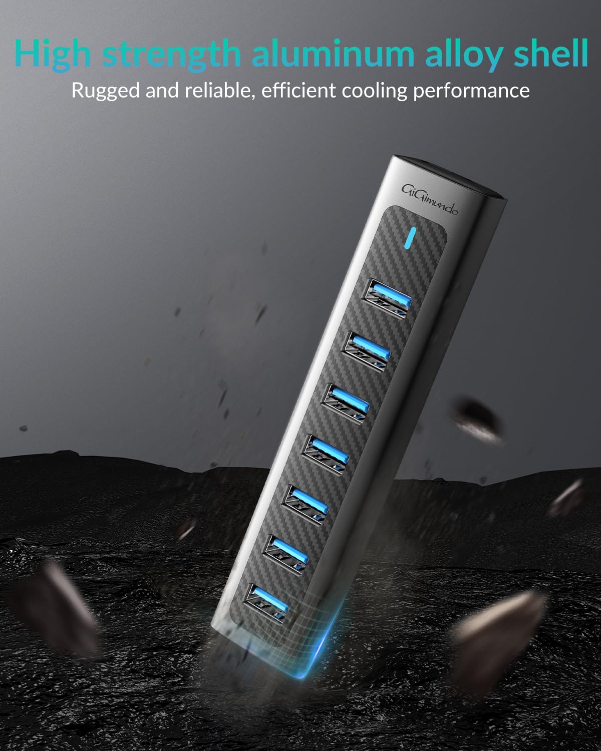 Gigimundo Gm7U 7 Port Usb 3.0 Hub, 3.3Ft Long Cable, Aluminum, High Speed, Multi Port Extender Hub, External Expansion Data Hub