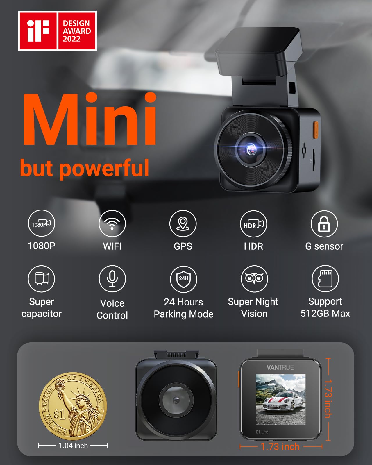 Vantrue E1 Lite 1080P Wifi Mini Dash Cam With Gps And Speed, Free App, Voice Control Detachable Dash Camera, 24 Hours Parking Mo