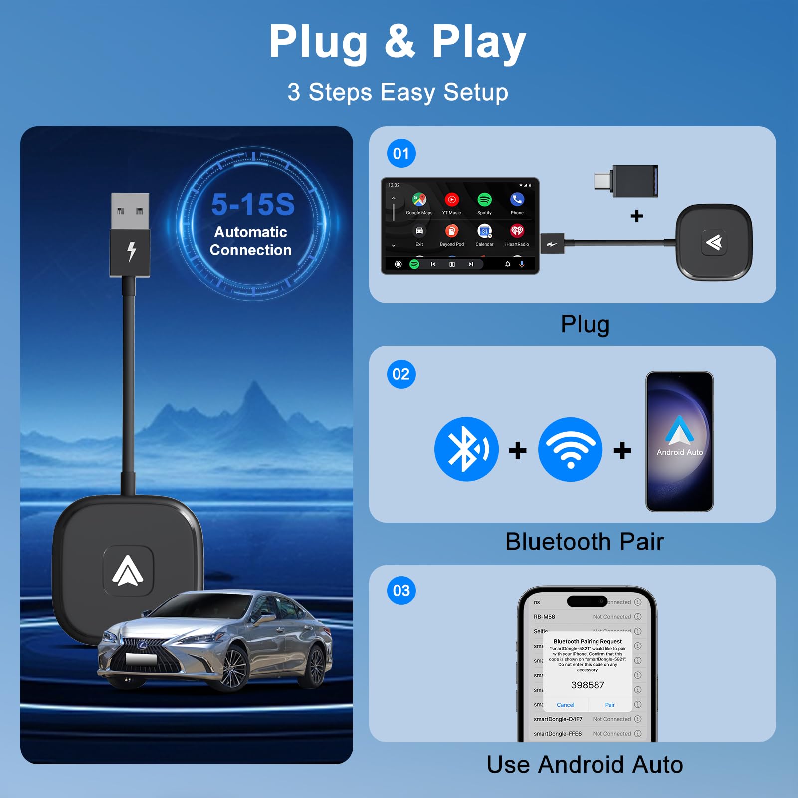 Android Auto Wireless Adapter Plug And Play Car Dongle For Factory Wired Android Auto In All Cars   Low Latency And Easy To Install