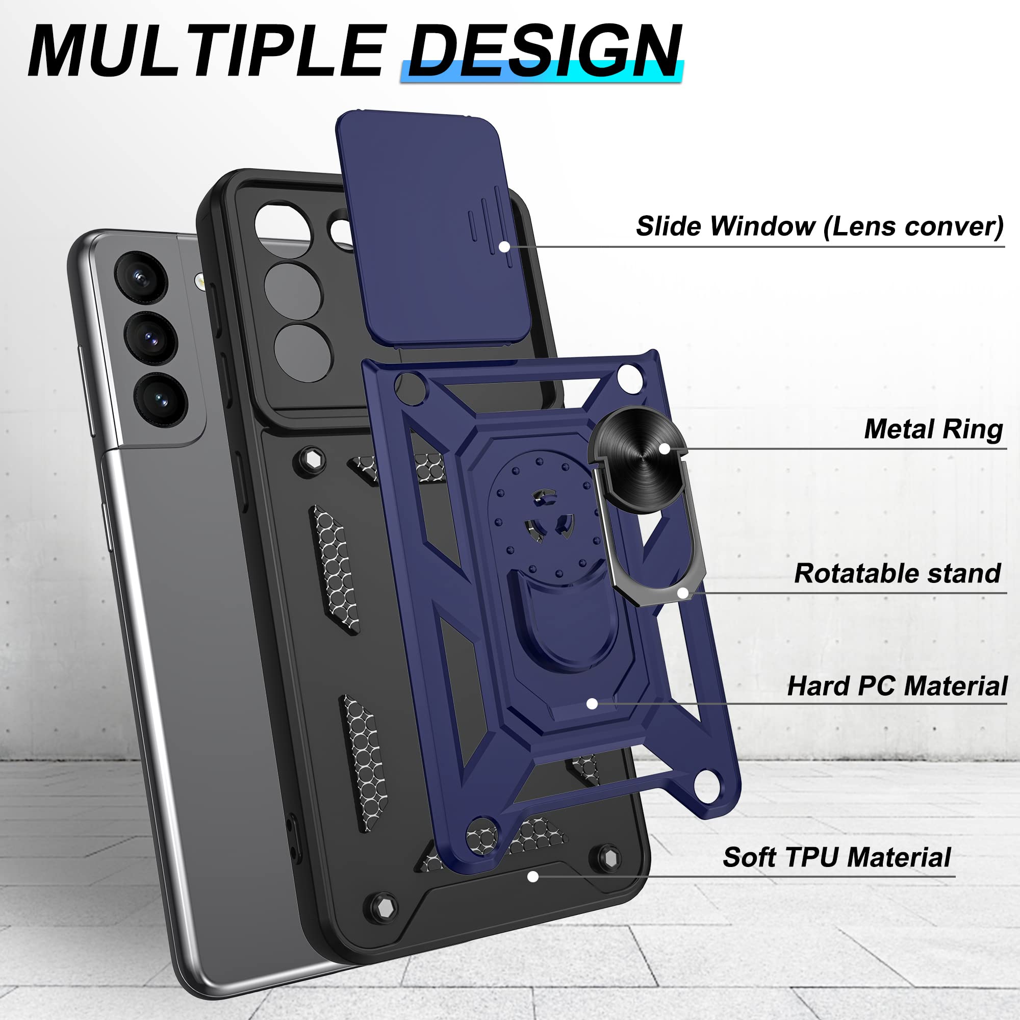 Atump Compatible With Samsung Galaxy S21 Plus Case With Hd Screen Protector With Slide Camera Cover, 360    Rotation Ring Kickst