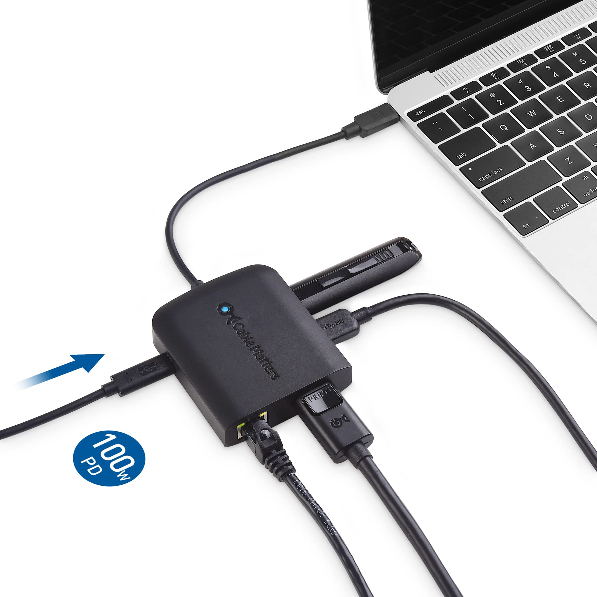 Cable Matters USB C Hub DisplayPort 100W, 4K@240Hz, 2x USB, Ethernet, Black - Thunderbolt 4/3 Compatible for MacBook Pro