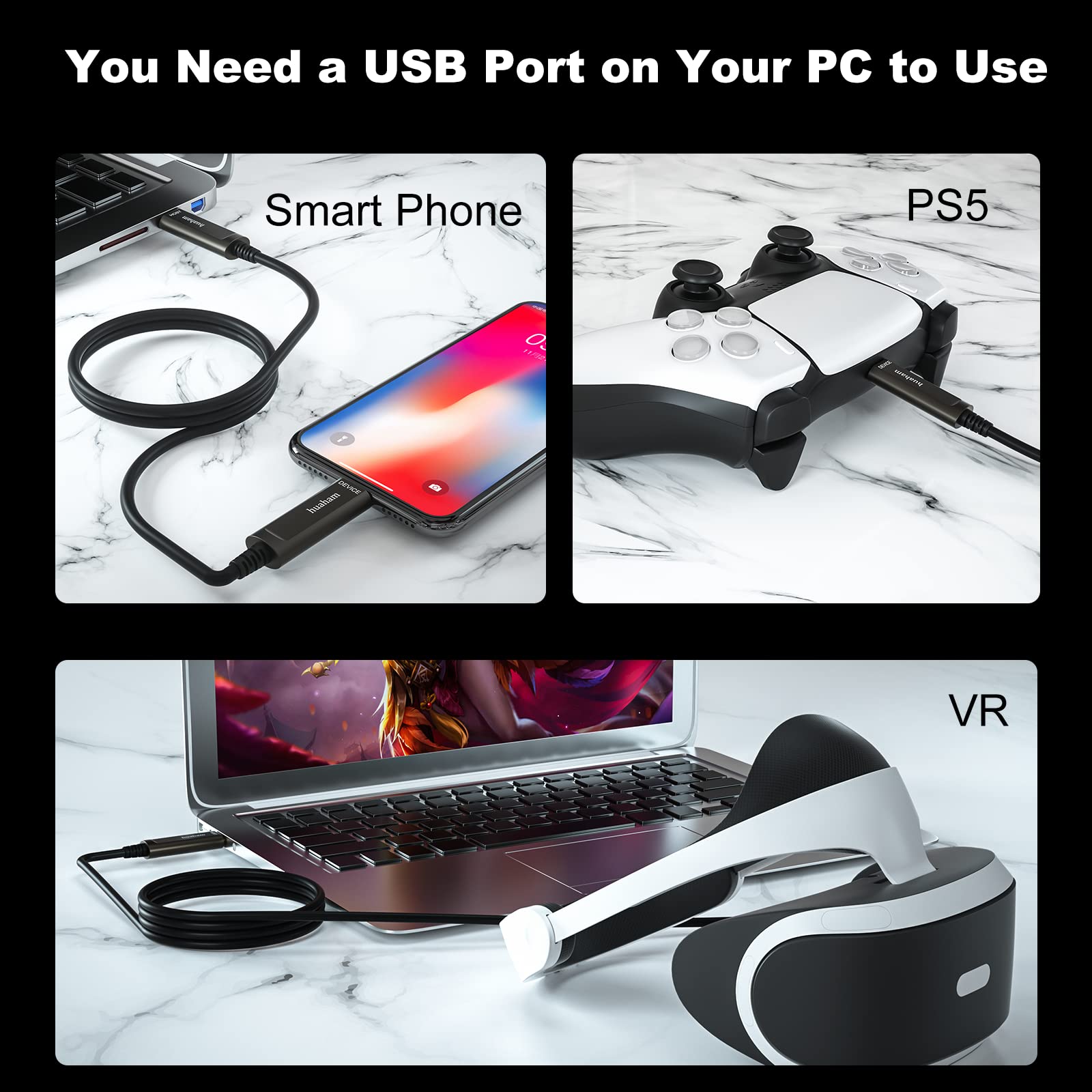 Huaham Usb C To Usb C Fiber Optic Cable 65.6Ft, Usb 3.1 Type C Cable 10Gbps Gen2 Long Distance Transmission Usb C Cable Compatible With Logitech Camera, Microsoft Azure, Vr/Ar, Touch Screen, Laptop