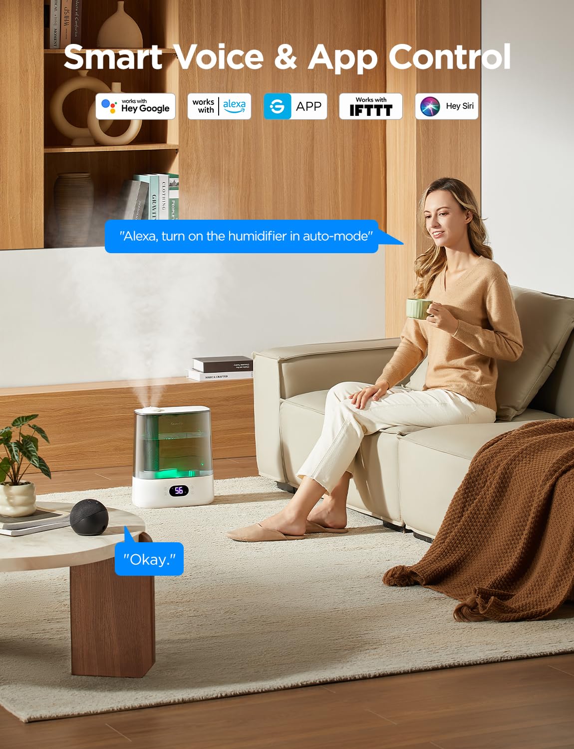 Goveelife Smart Humidifiers For Bedroom, 6L Cool Mist Top Fill For Large Room, Humidity Sensor, Auto Mode, Schedule, 60H Quiet R