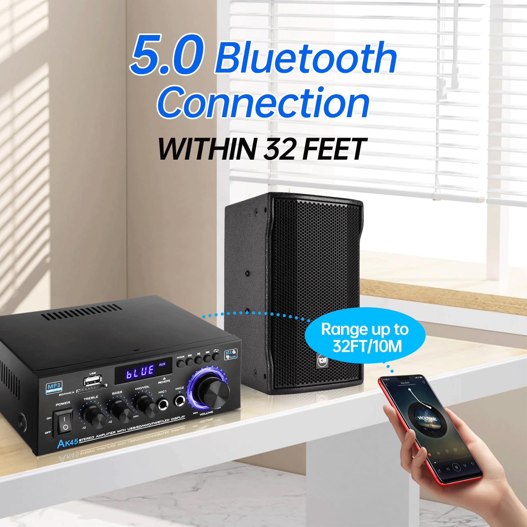 Daakro Ak45 Amplifier Stereo Receiver Bluetooth 5.0 Power Amp 2 Channel 300W Home Audio Amplifier W/Usb/Sd Card/Bt/Mic Input For