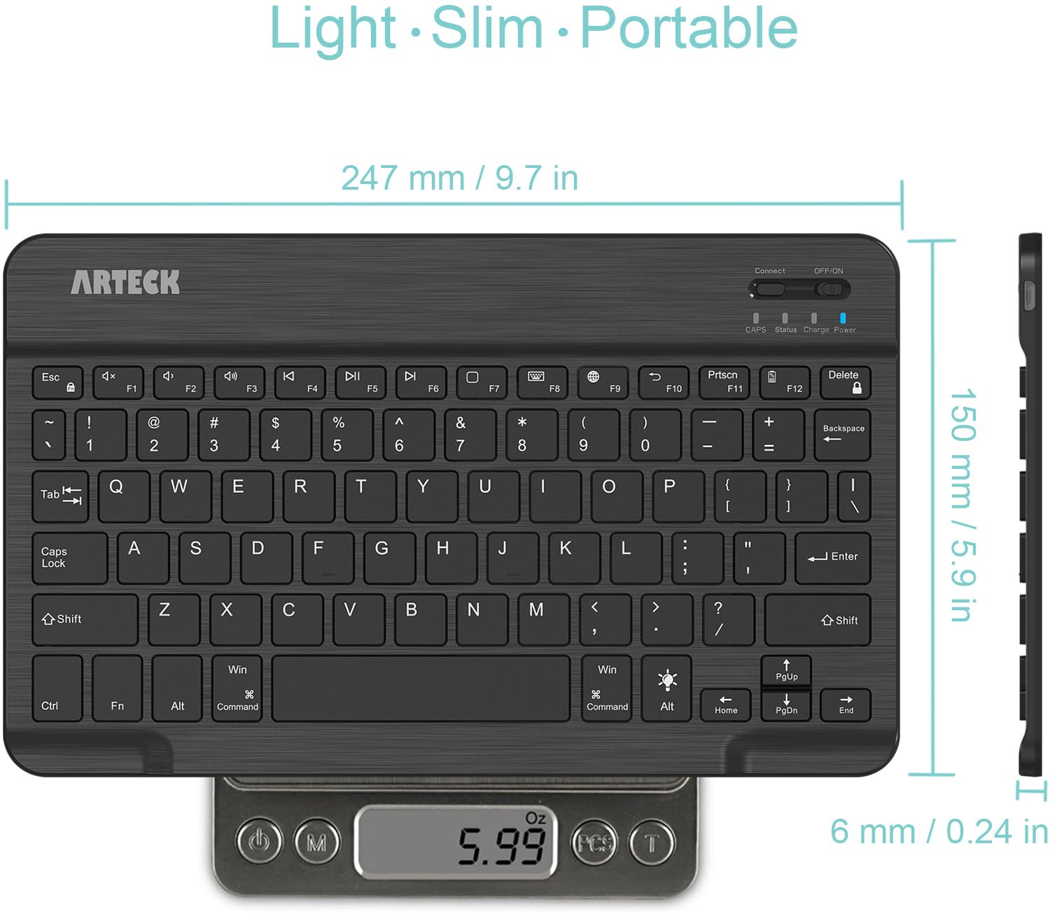 Arteck Universal Backlit Bluetooth Keyboard HB030B - Slim, Lightweight, 7-Color, Rechargeable, Black for iOS, Android, Windows Tablets