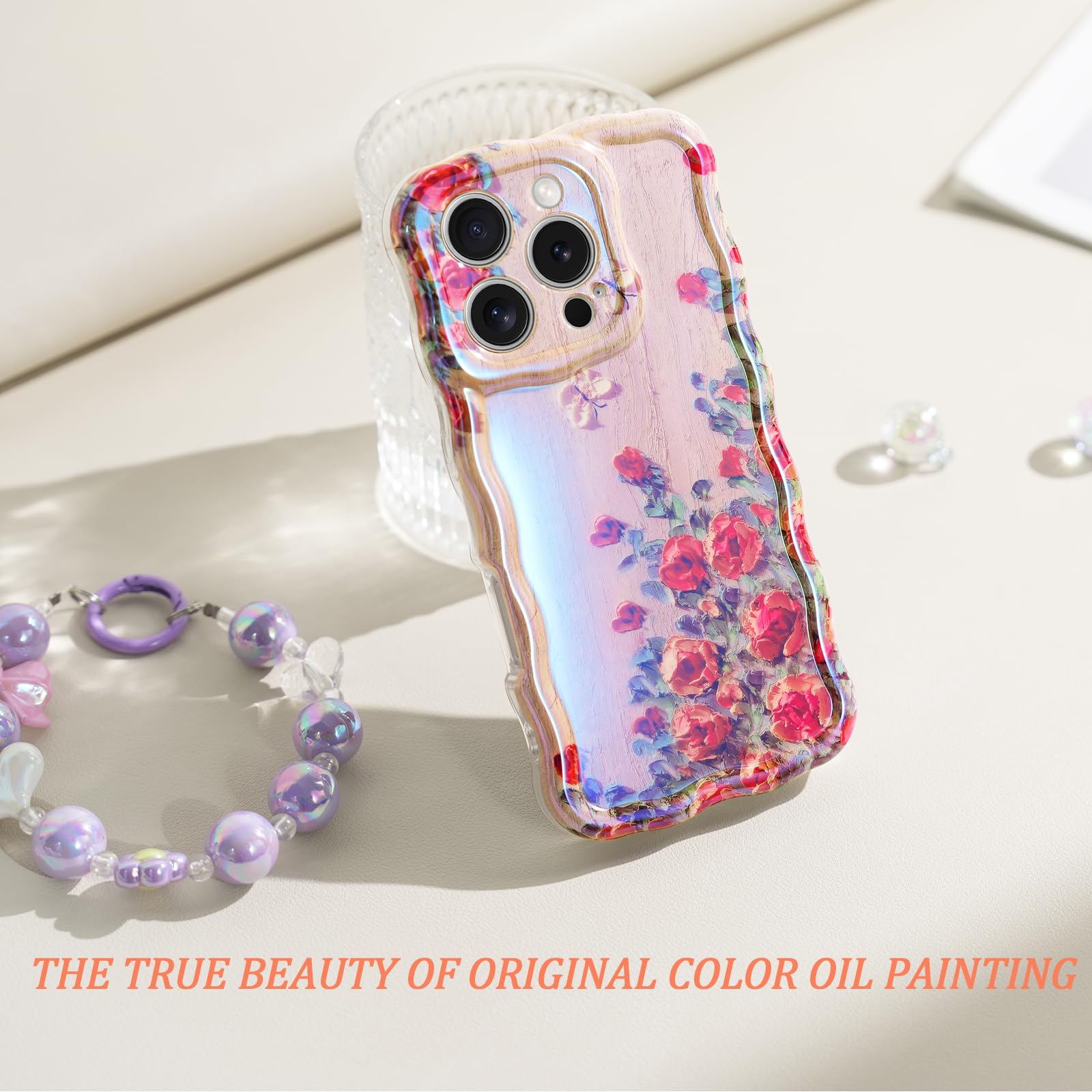 Sheheme For Iphone 16 Pro Max Case [With 9H Screen Protectors] Wave Bumper Colorful Oil Painting Flowers Print Blue Glossy Soft