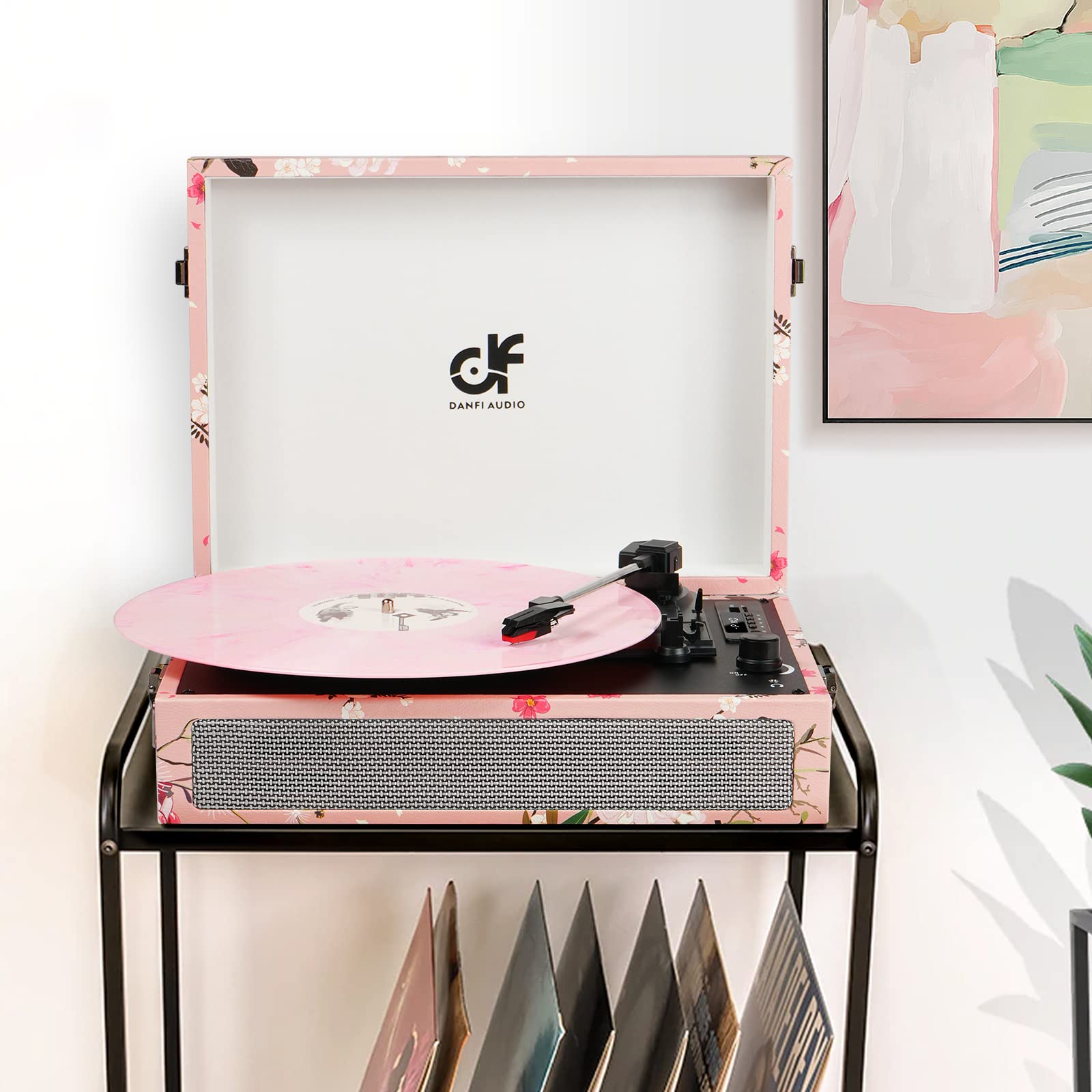 Vinyl Record Player Bluetooth With Built In Speakers, Vintage Portable Suitcase Turntable 3 Speed With Usb Recording Headphone/Rca/Aux Jack For Muisc Record Player Pink Floral