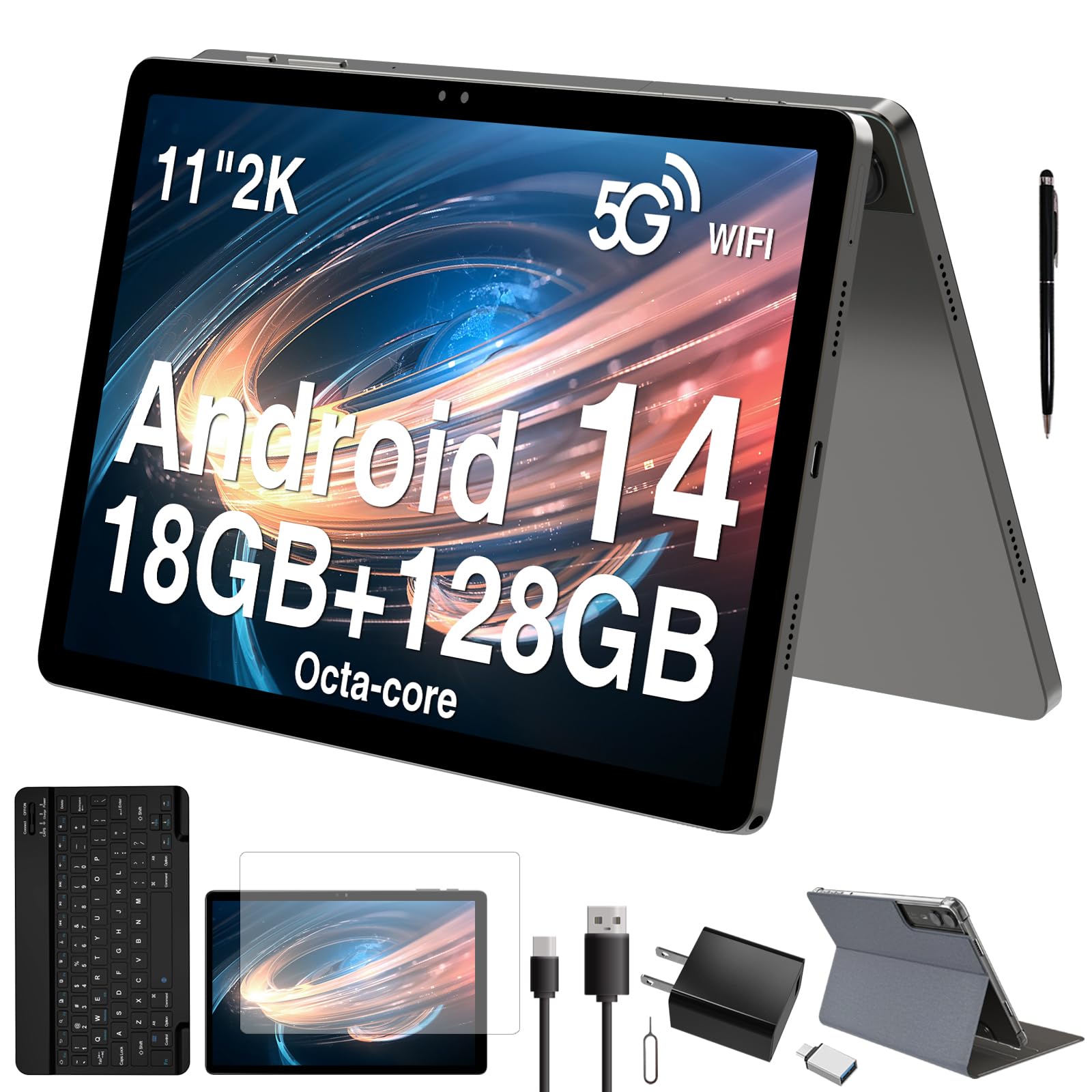 2026 Latest 11 inch Android Tablet with Gemini AI, 2-in-1 Tablet with Keyboard and Pen, 18GB RAM 128GB ROM 1TB Expand, 2K Displa