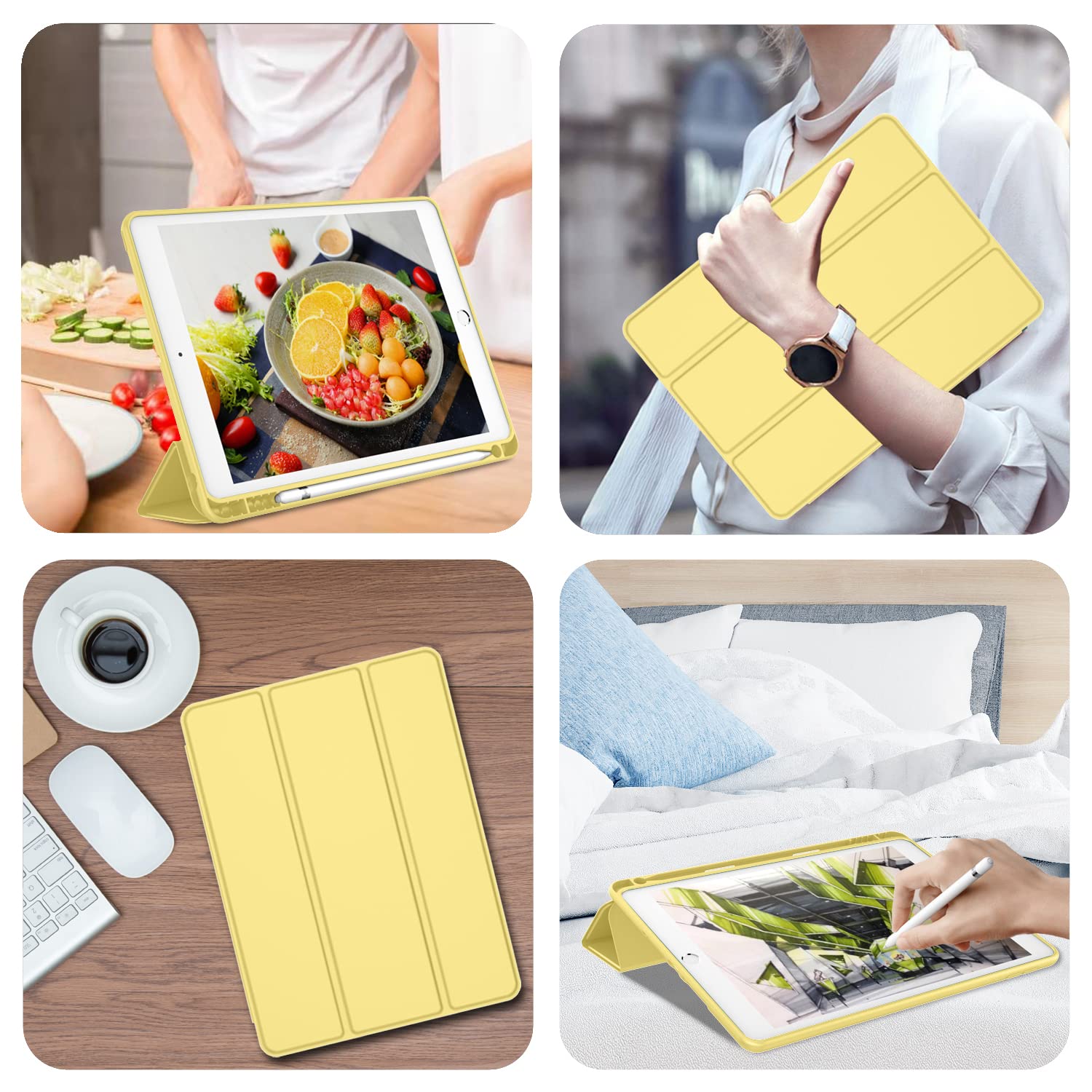 Imieet Ipad 9Th Generation Case 2021/Ipad 8Th Generation Case 2020 10.2 Inch With Pencil Holder, Ipad 7Th Gen 2019 Case With Soft Baby Skin Silicone Back, Auto Wake/Sleep Cover (New Yellow)