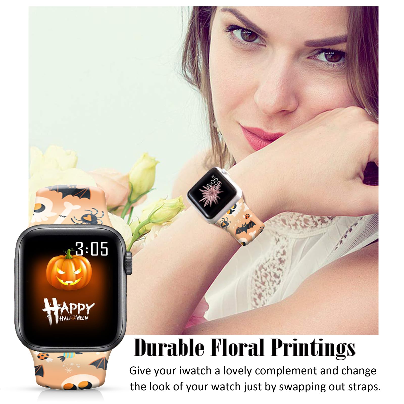 Ftfcase Fall Halloween Floral Silicone Bands Compatible With Apple Watch 41Mm 40Mm 38Mm, Skeleton Bat Flower Sport Strap Replace