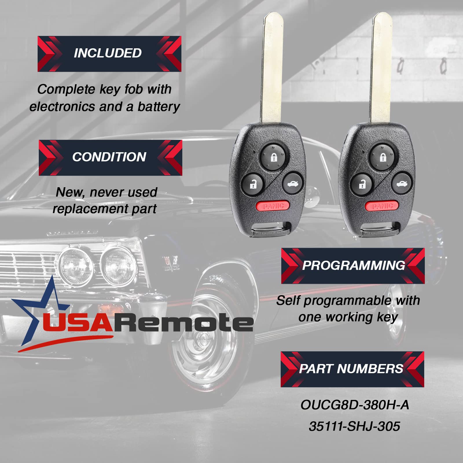 Key Fob Keyless Entry Remote Fits 2003 2004 2005 2006 2007 Honda Accord (Oucg8D 380H A), Set Of 2