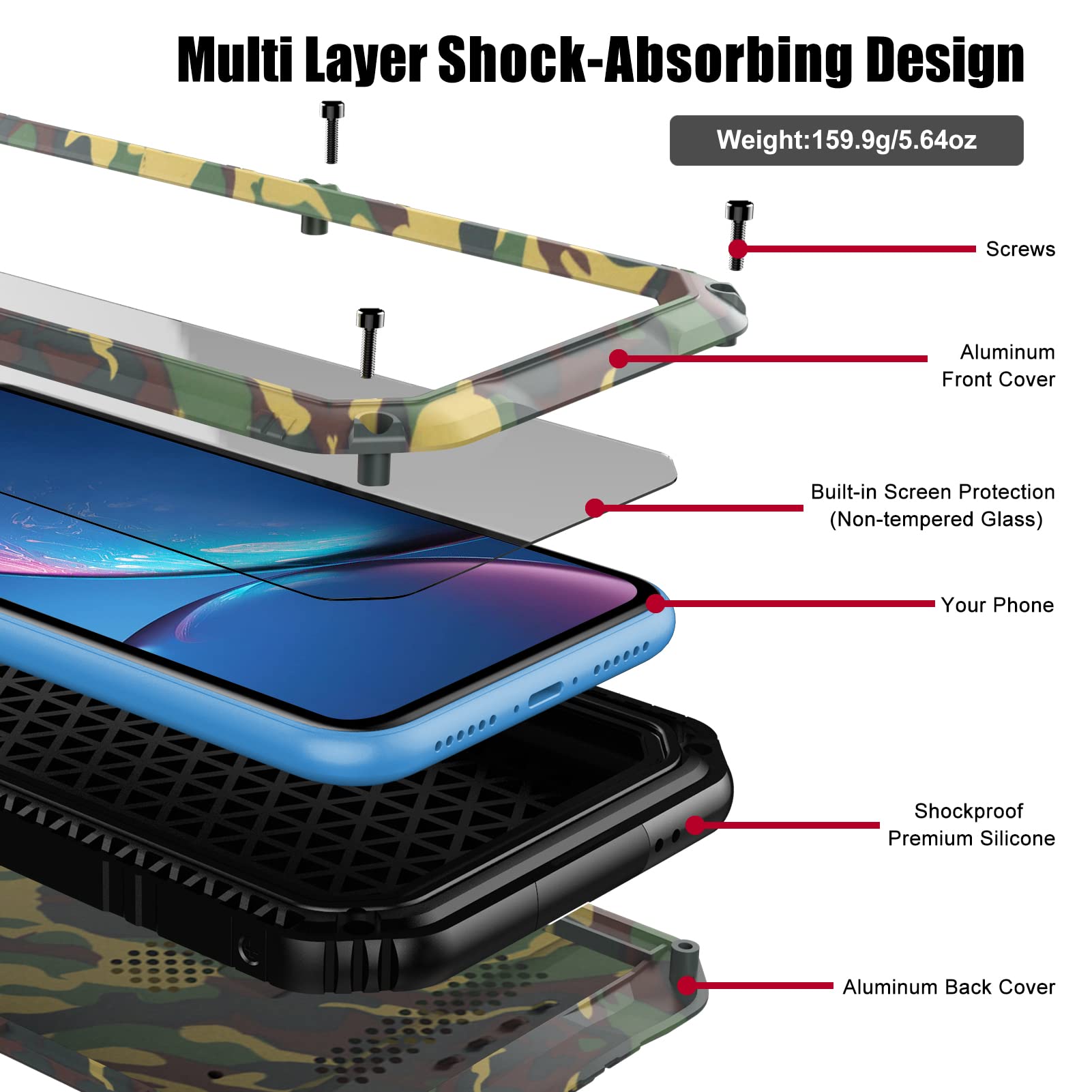 Beasyjoy For Iphone Xr Metal Case Heavy Duty With Screen Full Body Protective Waterproof Shockproof Drop Proof Tough Rugged Hybr