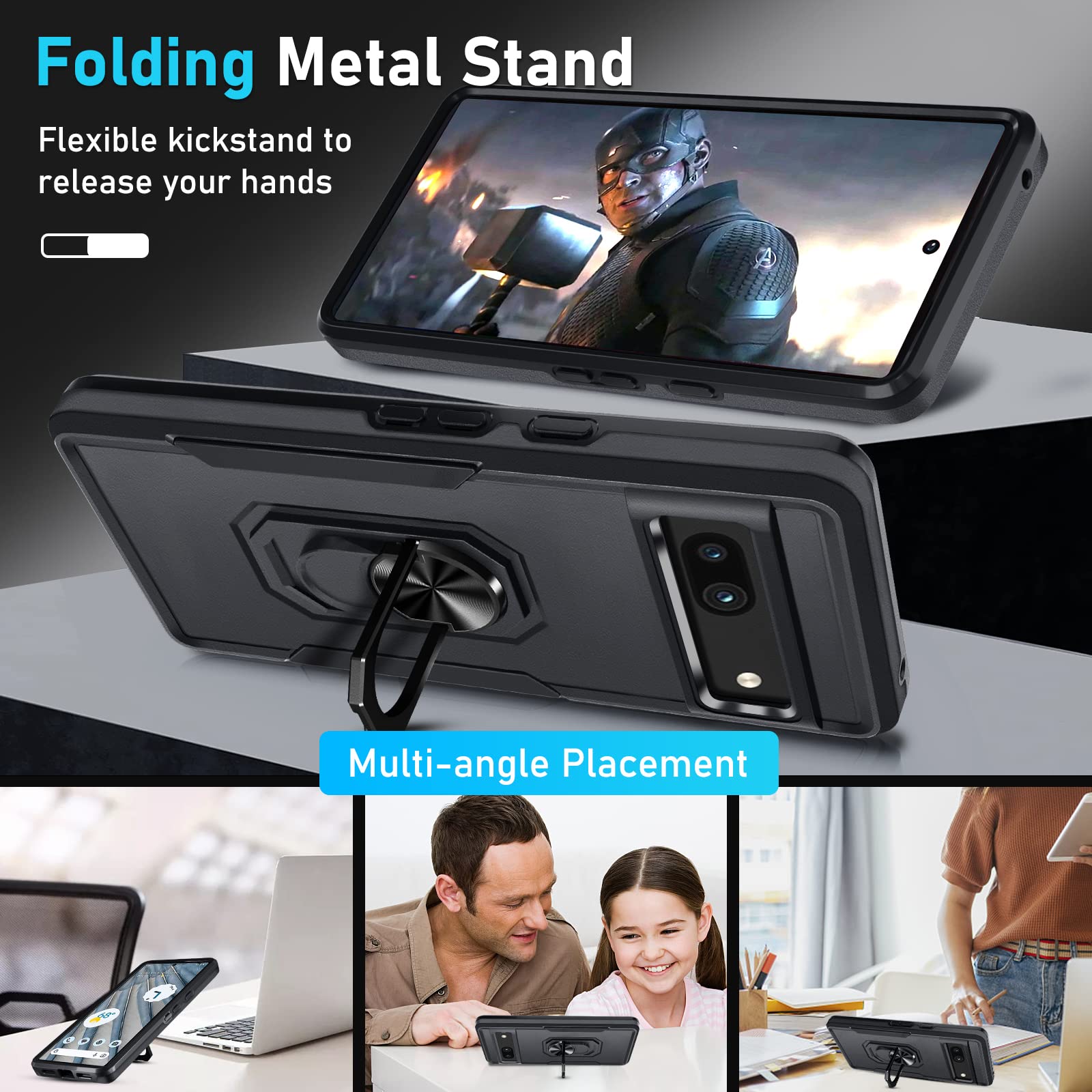 Janmitta For Google Pixel 7A Case With Screen Protector+Camera Lens Protector,Heavy Duty Shockproof Full Body Phone Cover Built