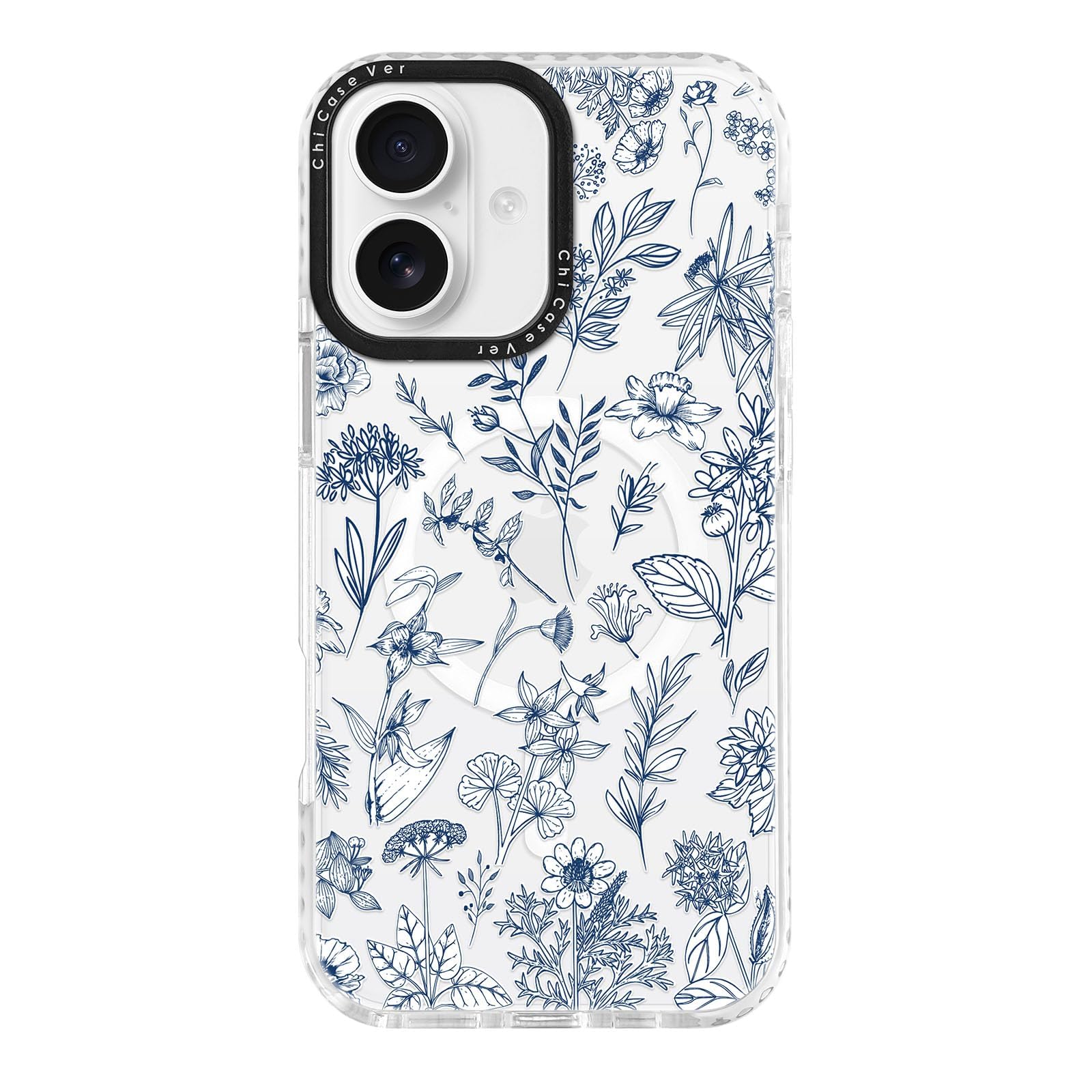 ChiCaseVer for iPhone 16 Plus Case, Blue White Floral Botanical Pattern, Elegant Soft Slim TPU Compatible with MagSafe & Militar