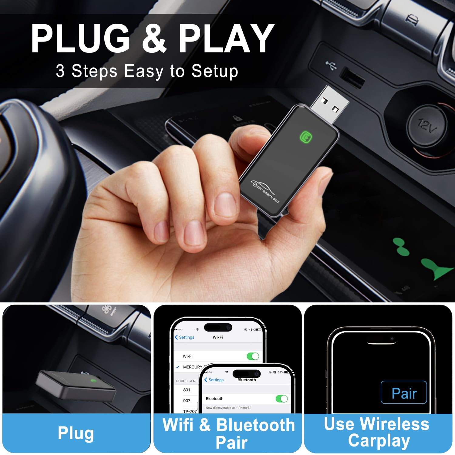 Wireless Carplay Adapter Converts Wired To Wireless Carplay Dongle For Wireless Control Plug & Play Carplay Fit For Iphone 6 Or