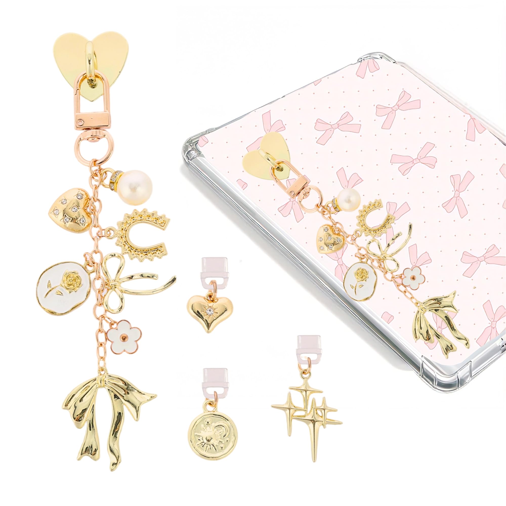 TAKEALOOKO Dust Plug Charm Chains for Kindle - 4Pcs Cute Star Bowknot E-Reader Phone Charms Type C Dustplug & Bracelet Strap Dec