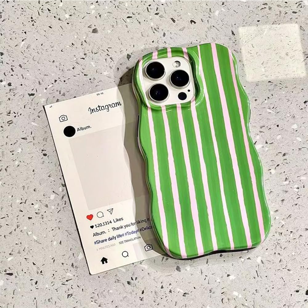 Xqagu For Iphone 15 Pro Case Striped Cute Aesthetic Stylish Trendy Wave Protective Phone Case Durable Shockproof-Green