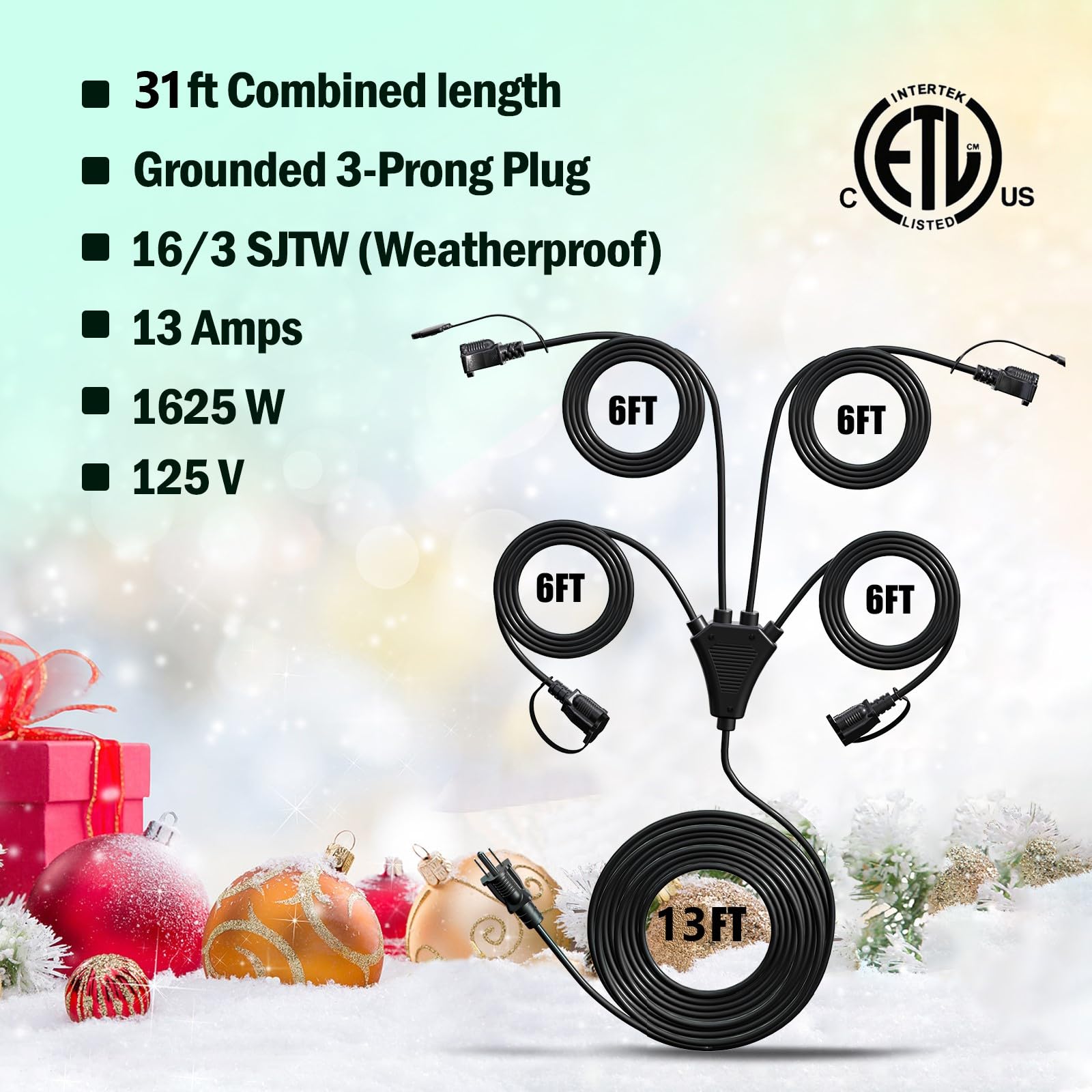 Eversimpleinc Black 1 To 4 Splitter Extension Cord (Combined 31 Ft, End To End 13 Ft), 3 Prong Plug With 4 Extended Outlets, Wit