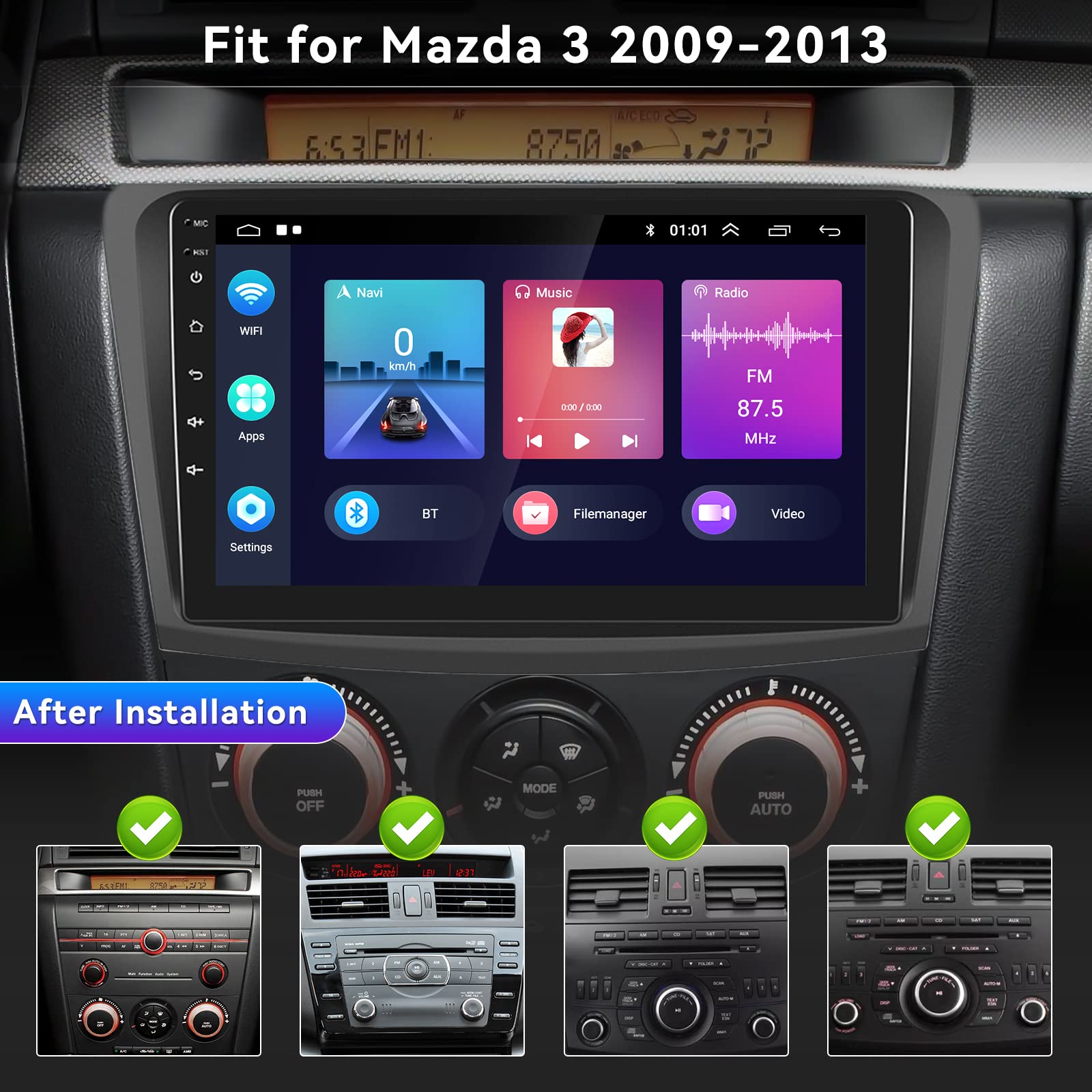 Android 13 Car Stereo For Mazda 3 2009 2013 With Wireless Carplay&Android Auto,9 Inch Touch Screen Car Radio With Gps Wifi Bluetooth Fm/Rds Radio Swc Dual Usb/Aux In+Backup Camera&External Microphone