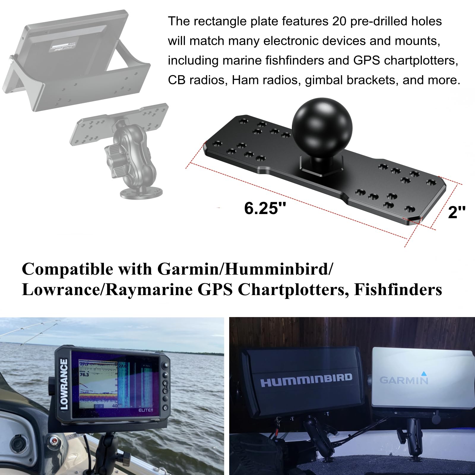 Brcovan 1.5'' Ball Fish Finder Mount Plate, Aluminum Alloy Universal Marine Electronic Plate For Garmin, Humminbird, Lowrance, R