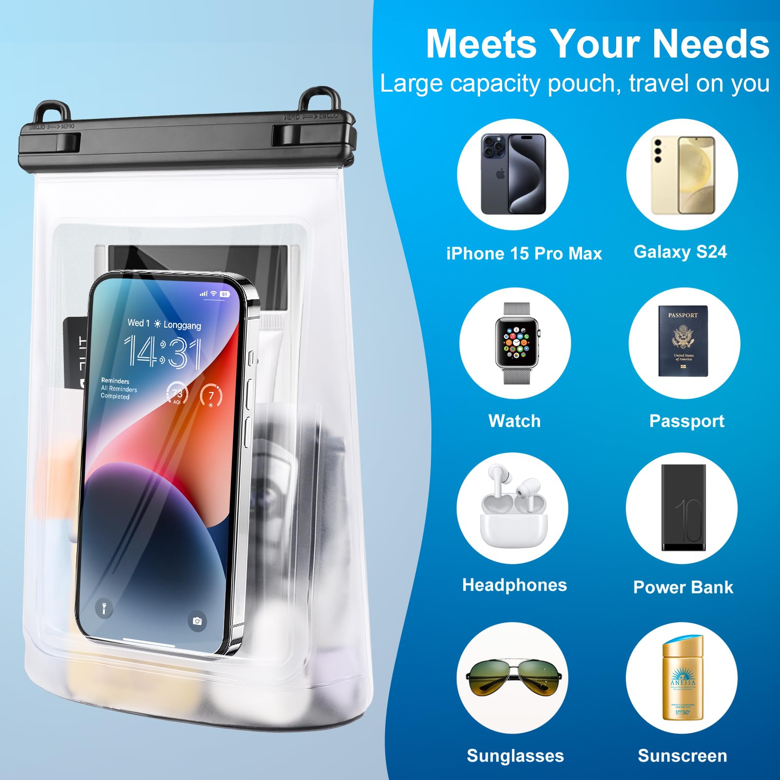 2L Waterproof Phone Pouch For Iphone 16 15 14 11 Pro Max & Galaxy S24 S21 - Floating Large Capacity Dry Bag Stores Sunscreen, Su