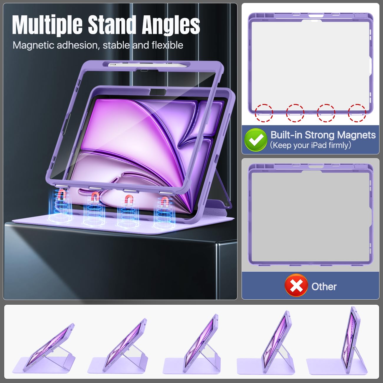 MoKo for iPad Air 13 Inch Case M2 2024 with Pencil Holder, iPad Air 13 Case, [Built in Screen Protector], iPad Air 13' Case with Clear Back & Magnetic Multi Angle Stand Cover, Purple