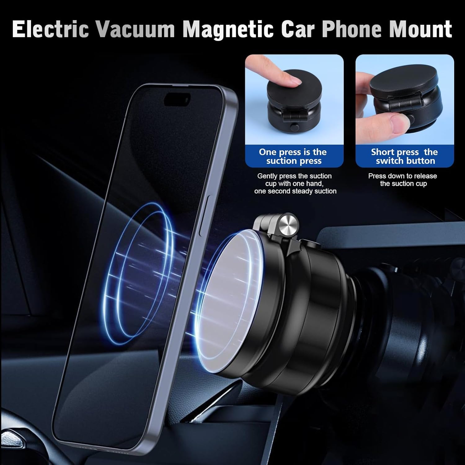 Electric Vacuum Car Phone Mount - Foldable, Double-Sided Magnetic Holder For All Phones (Black)