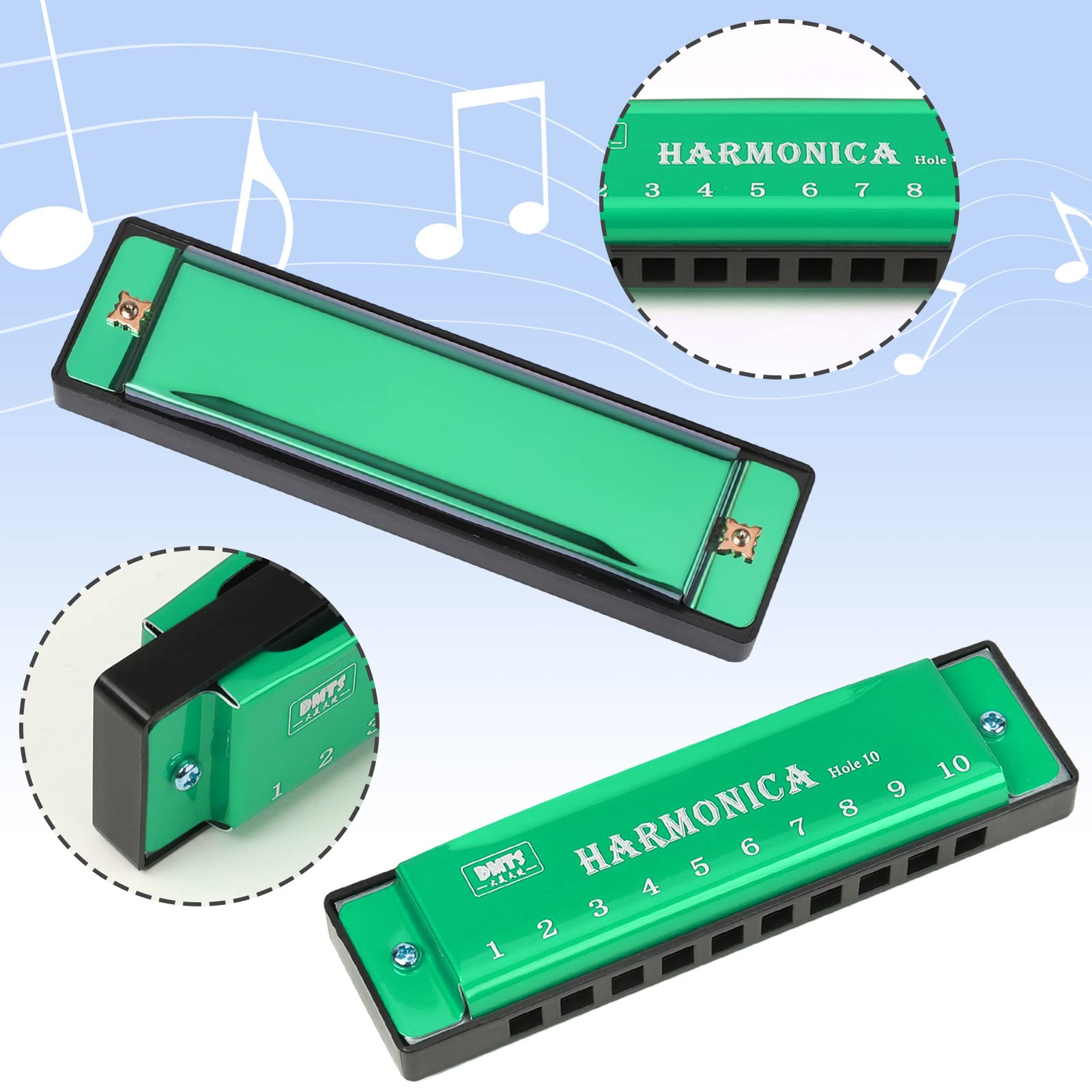 Upins 4Pcs Key Of C 10 Hole 10 Tones Titanium Color Harmonica With Case For Beginner Students(Red, Blue, Green, Purple)