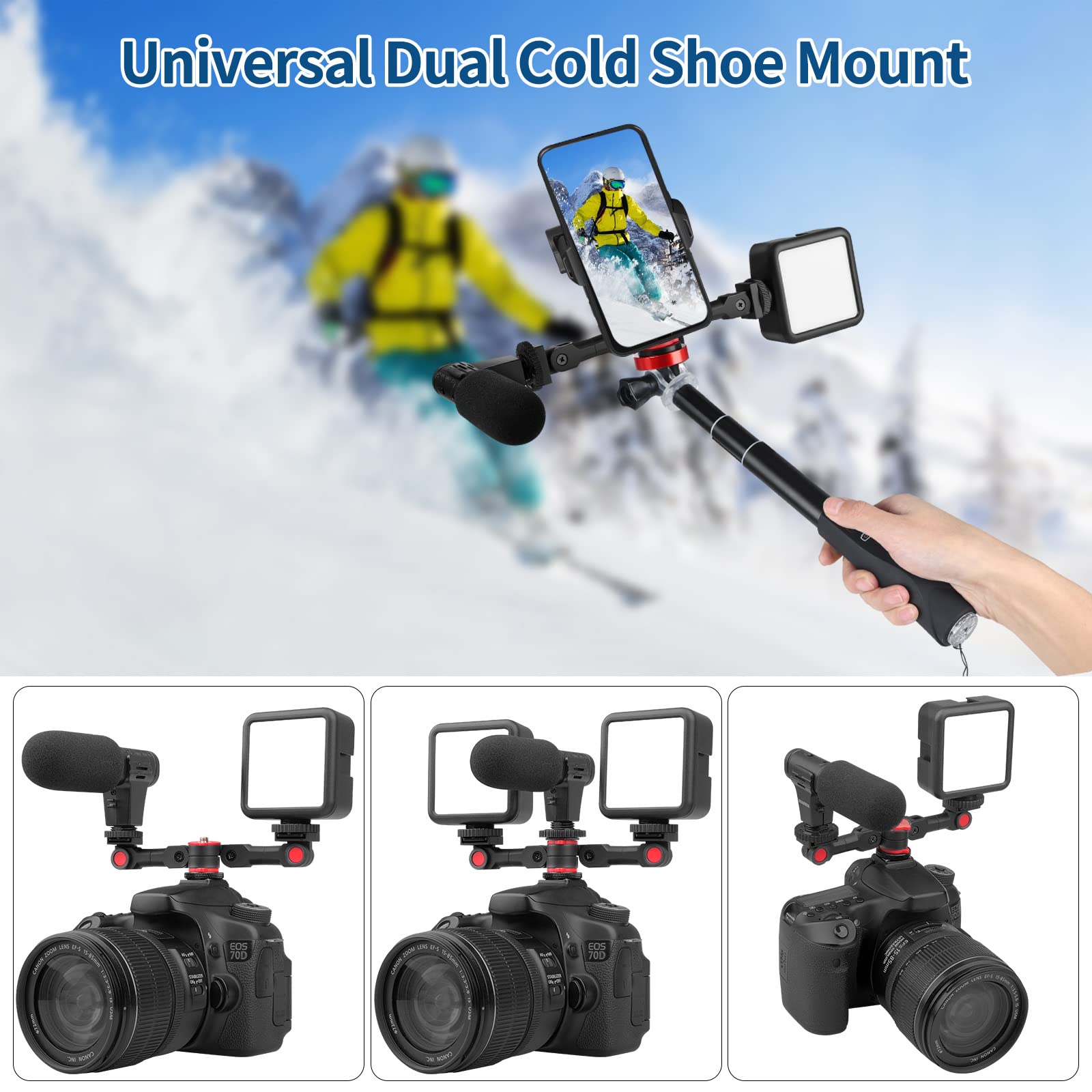 Chromlives Dual Cold Shoe Mount Universal Cold Shoe Adapter With 1/4 Thread Holes Rotatable Camera Shoe Extension Bracket For Mi