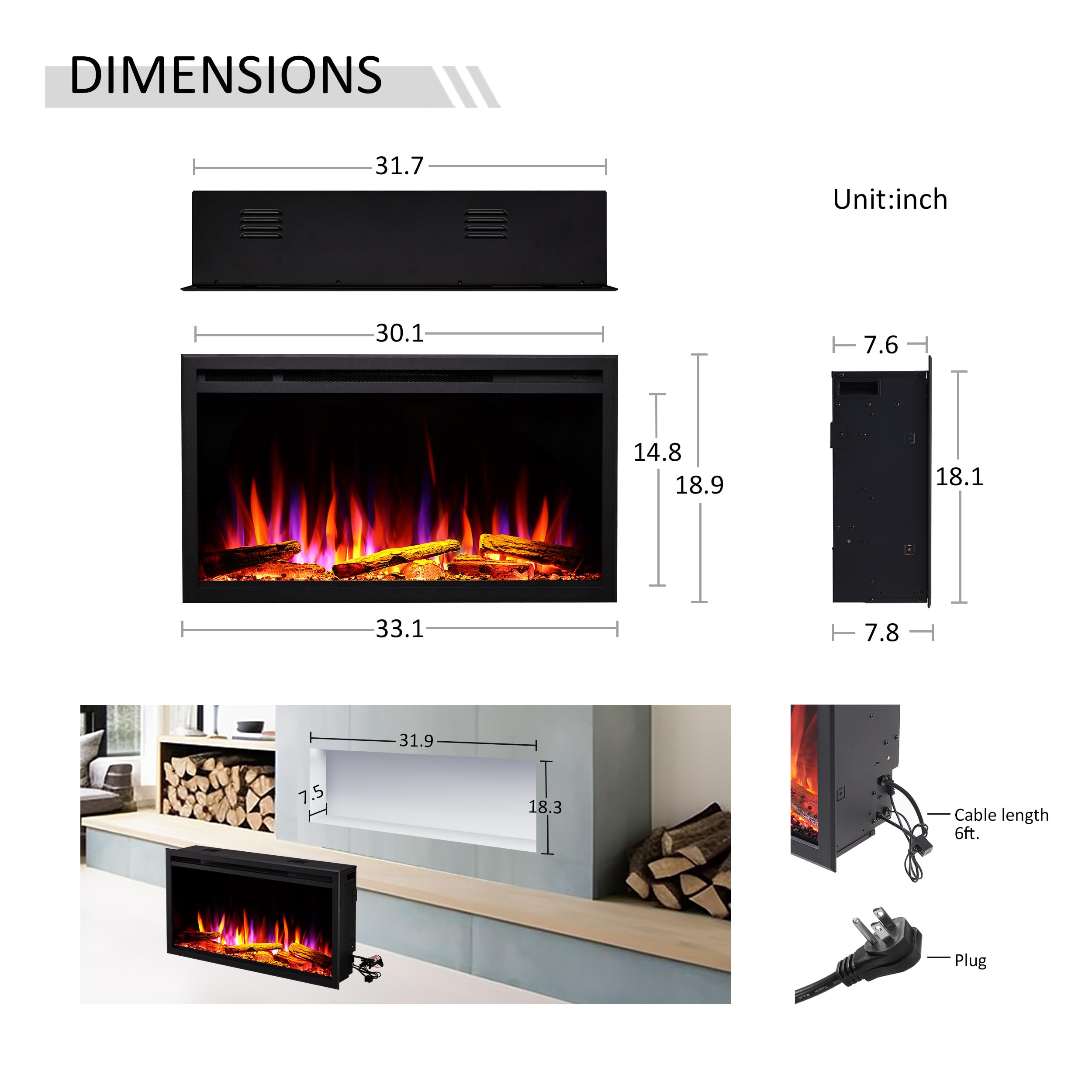 Legendflame 33'' W Smart Wall Mount & In Wall Recessed Electric Fireplace Insert, Heater 750W/1500W, Multi Colors Of Flame & Fue