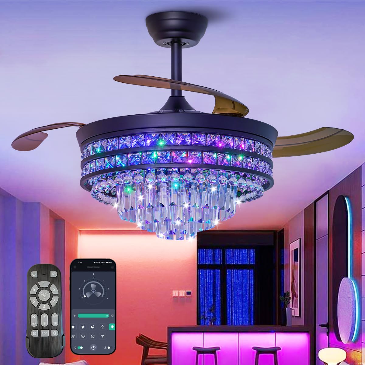 FKZNPJ RGB Retractable Fandelier Ceiling Fans with Light and Remote/App, 42 Modern Crystal LED Chandelier Fan, Bladeless Lightin