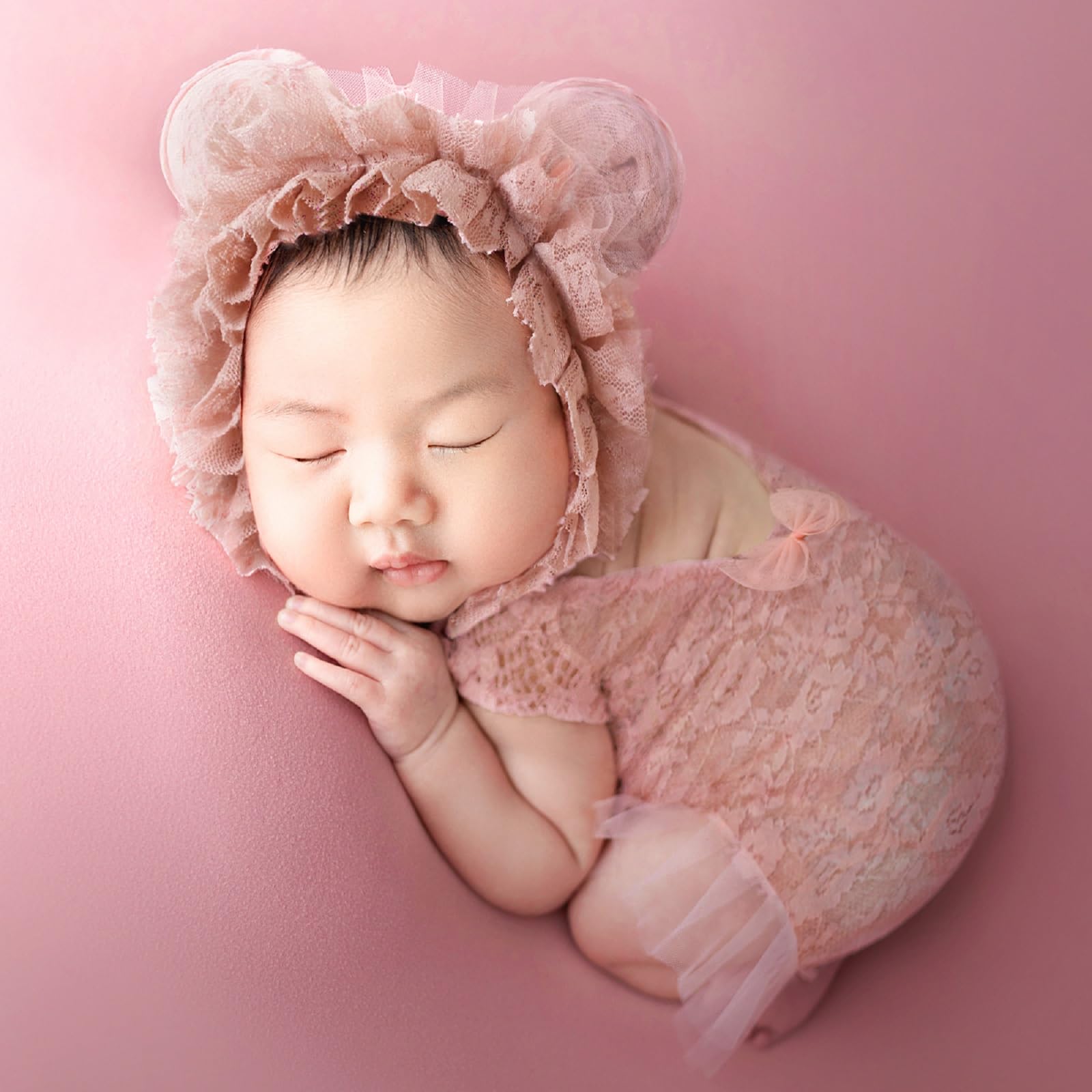 Holibeat Newborn Girl Lace Photography Props Baby Girl Photoshoot Outfits With Bear Hat Infant Girl Pink Lace Romper Costume 0 1